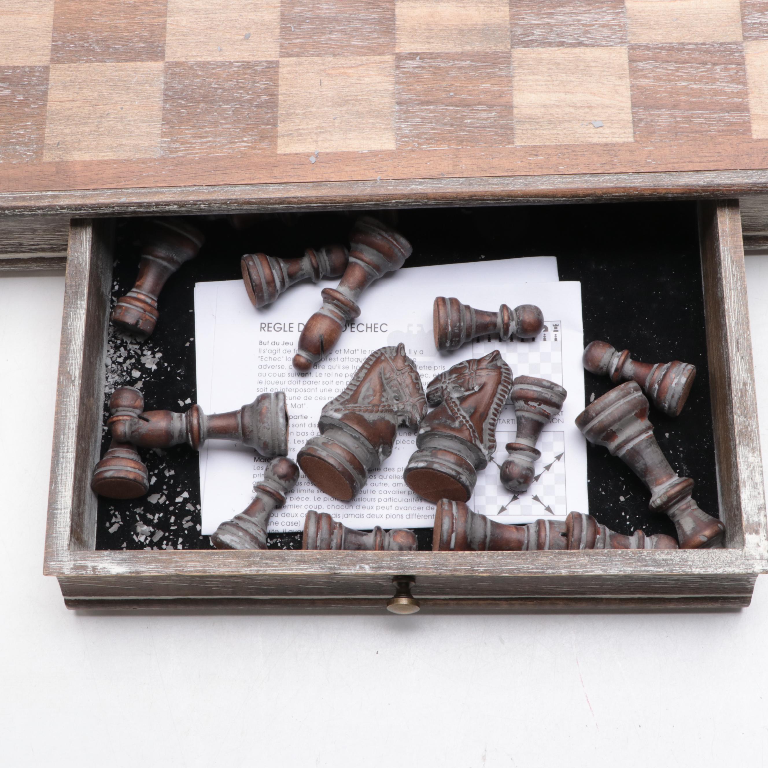 Chess Game Board and Chess Pieces with Intentionally Distressed Finish