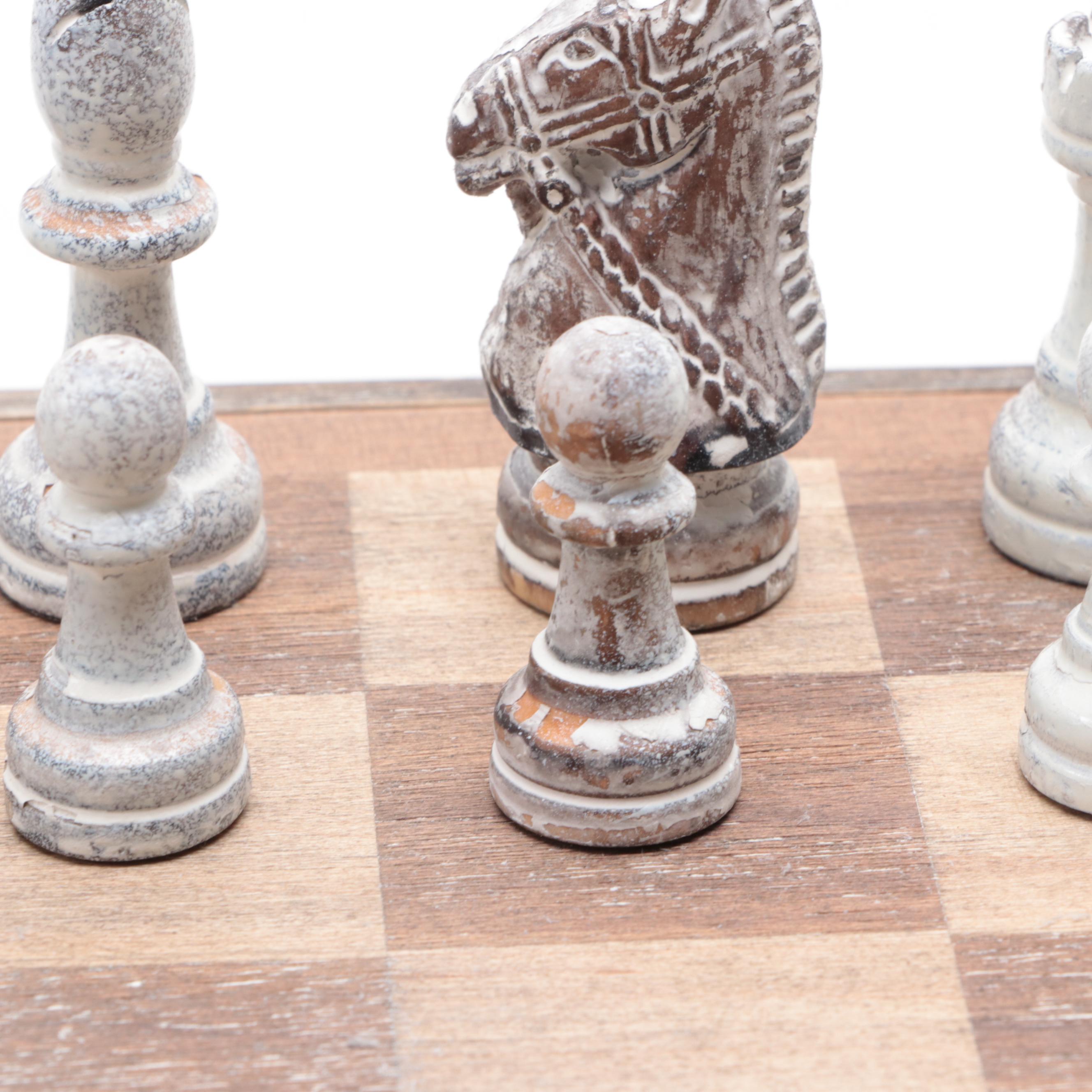 Chess Game Board and Chess Pieces with Intentionally Distressed Finish
