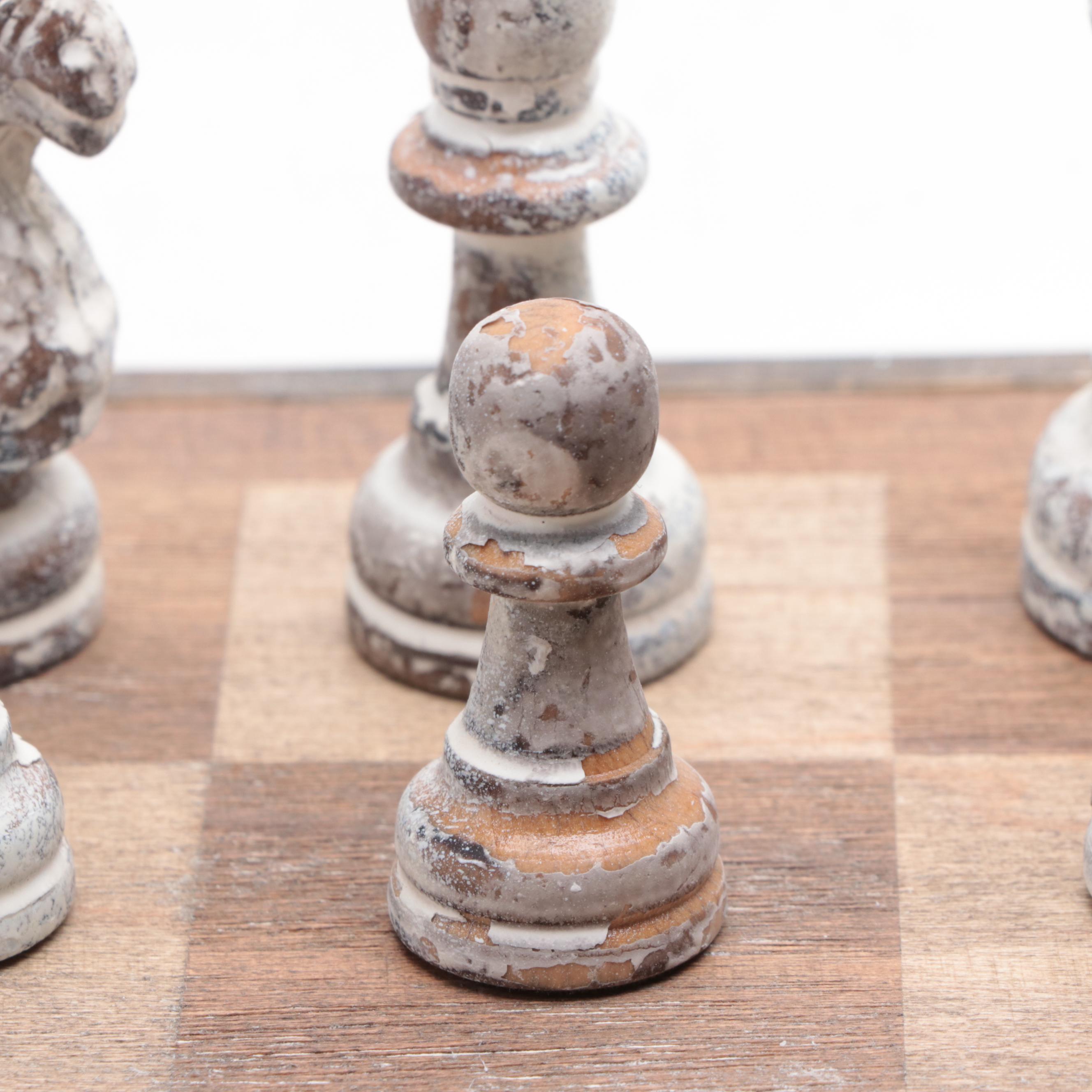 Chess Game Board and Chess Pieces with Intentionally Distressed Finish