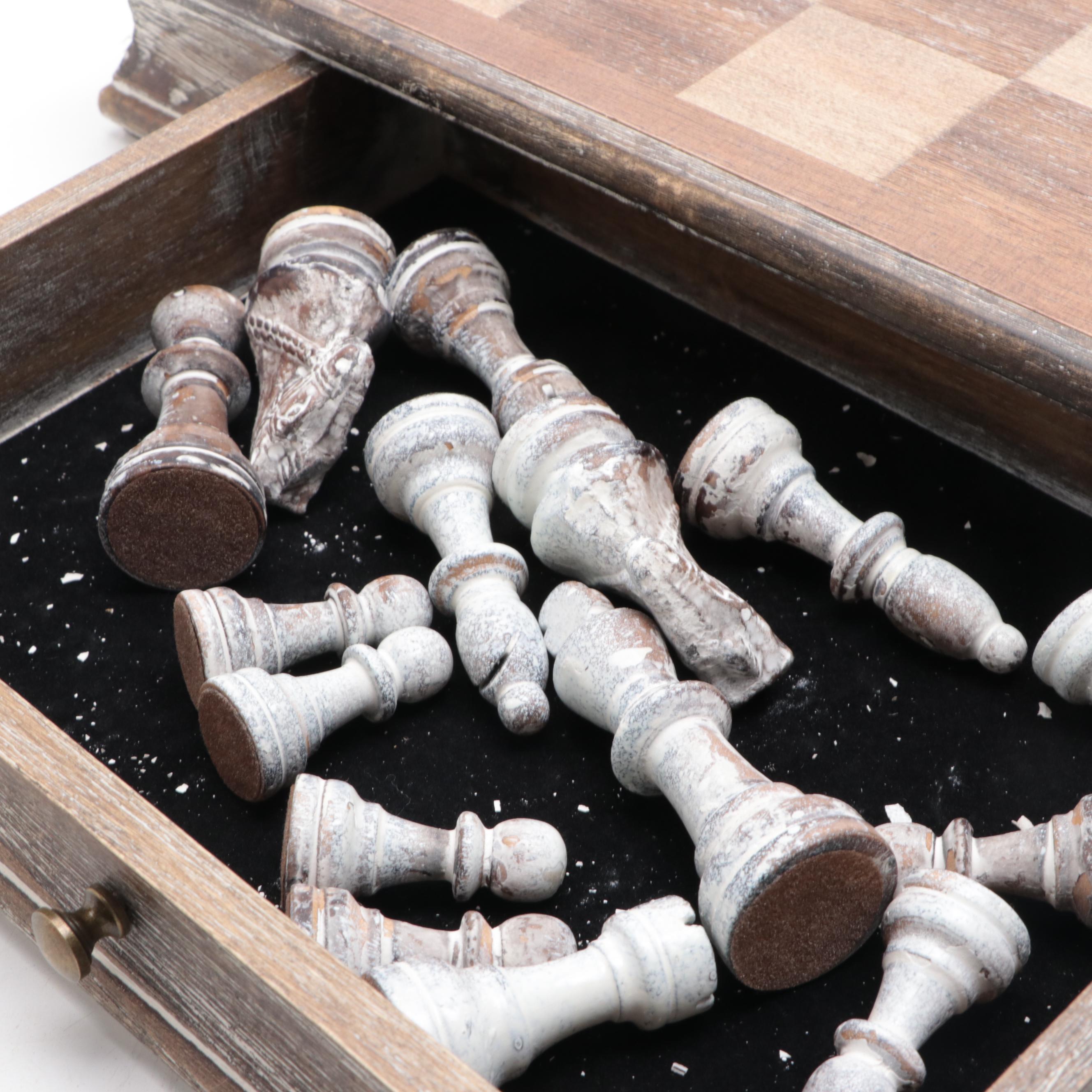 Chess Game Board and Chess Pieces with Intentionally Distressed Finish
