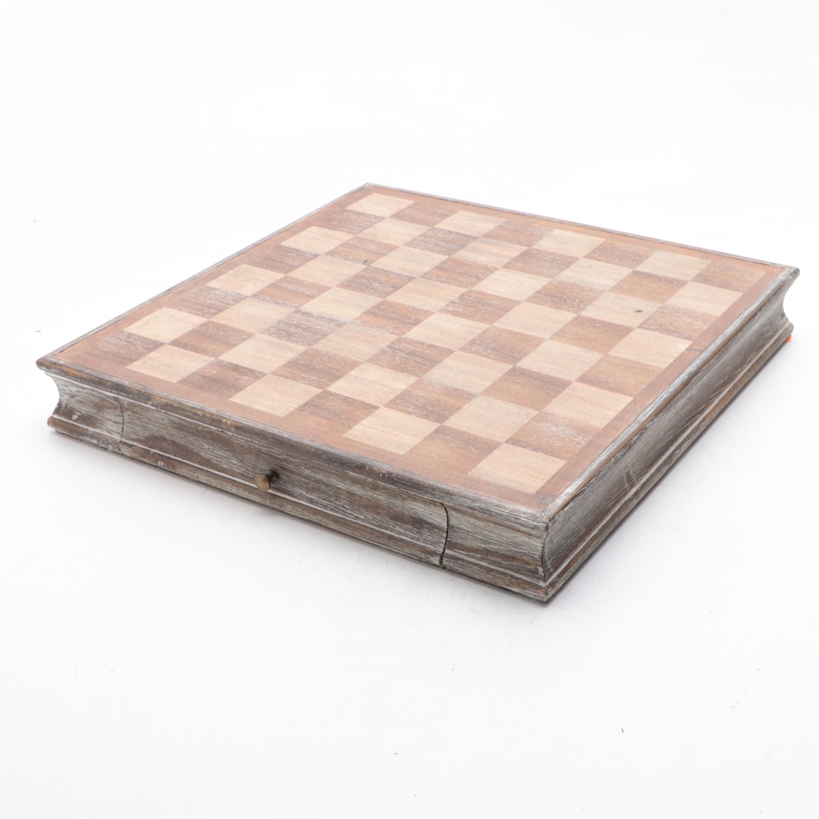 Chess Game Board and Chess Pieces with Intentionally Distressed Finish