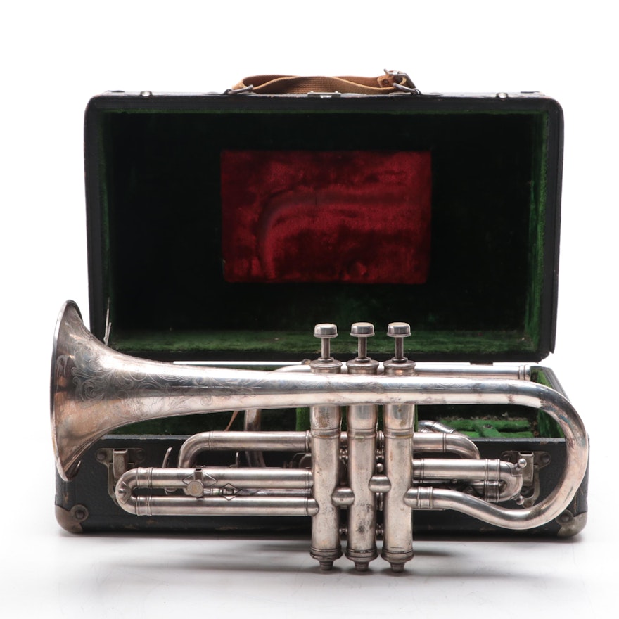JW York Professional Engraved Bb/A Cornet and Case, Early 20th Century