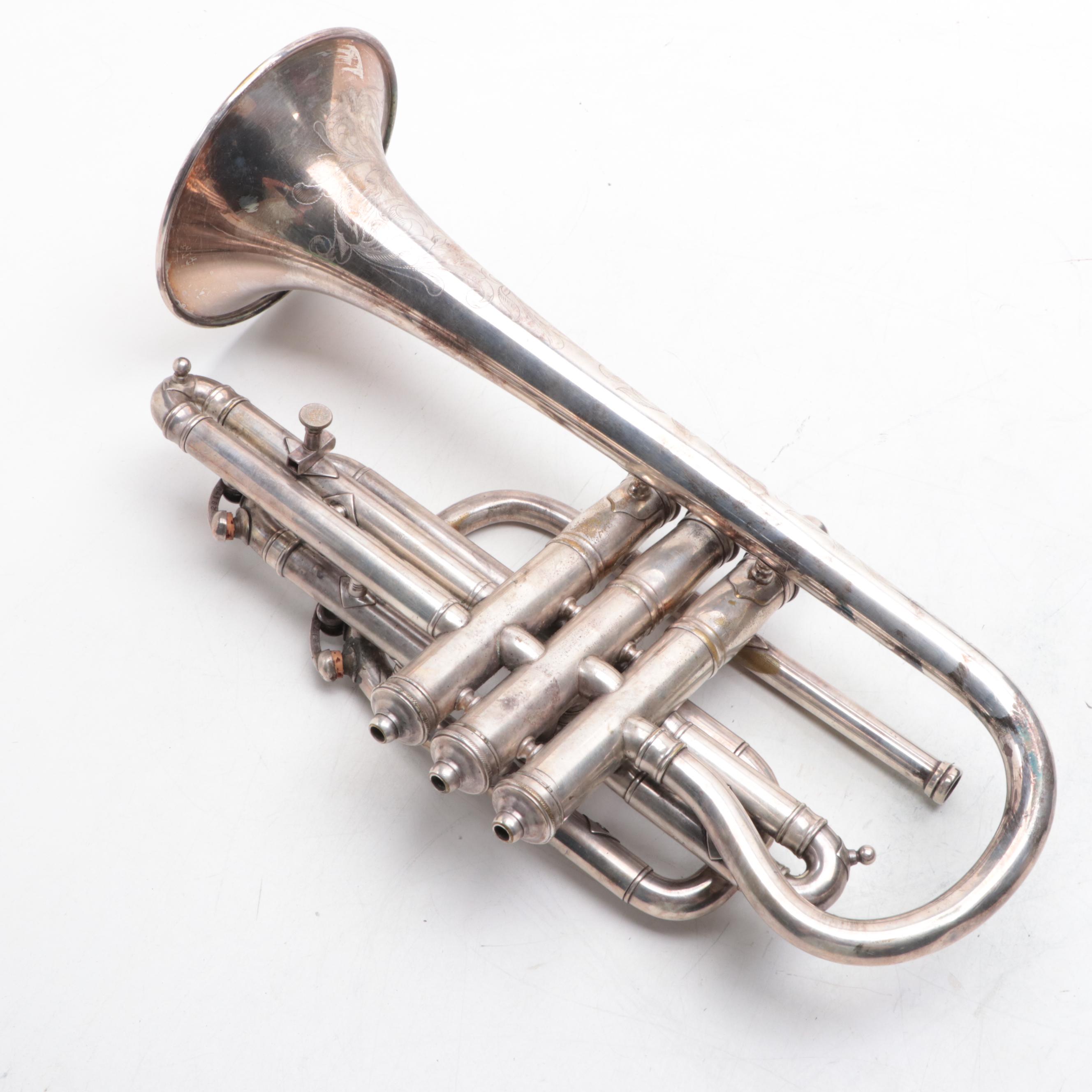 JW York Professional Engraved Bb/A Cornet and Case, Early 20th Century