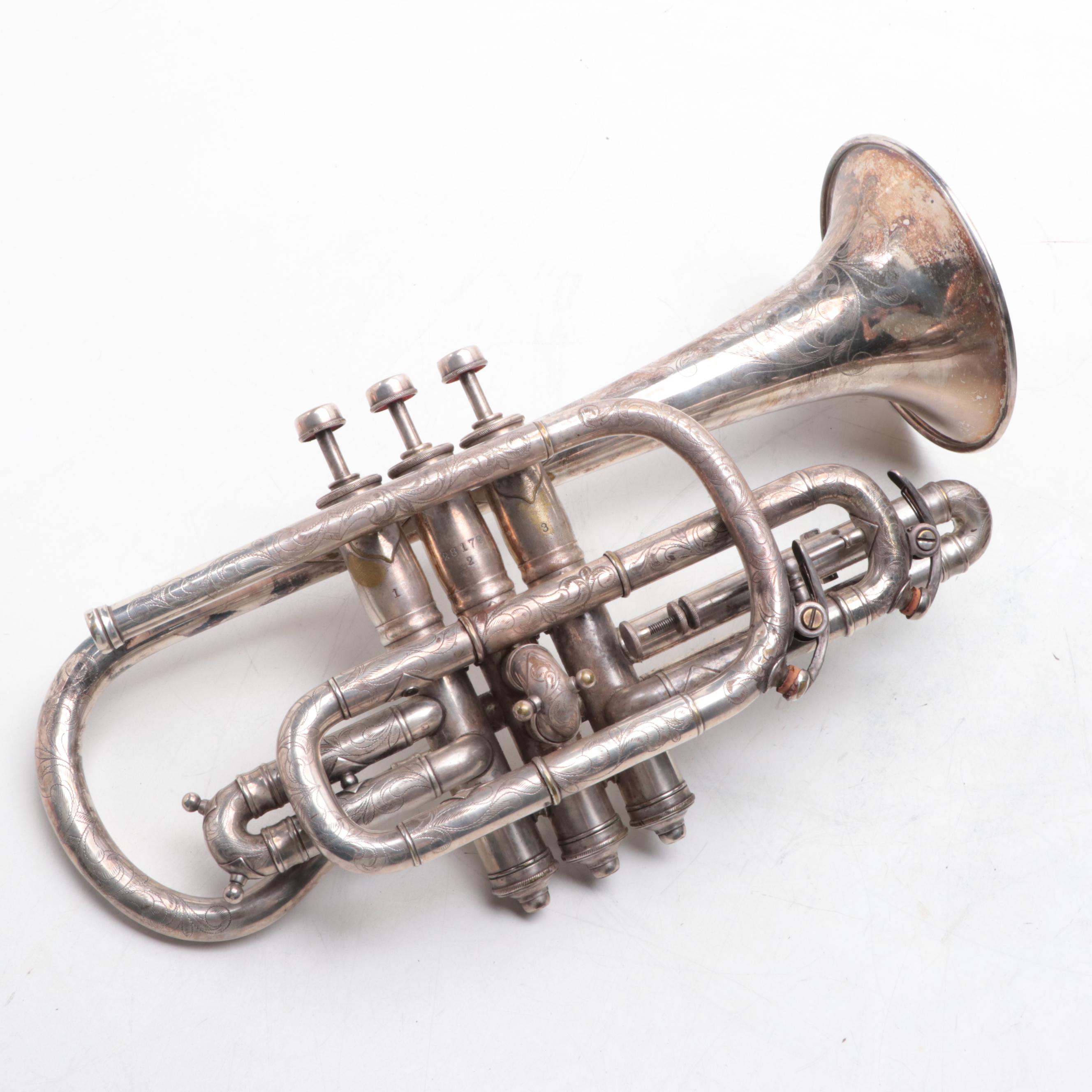 JW York Professional Engraved Bb/A Cornet and Case, Early 20th Century