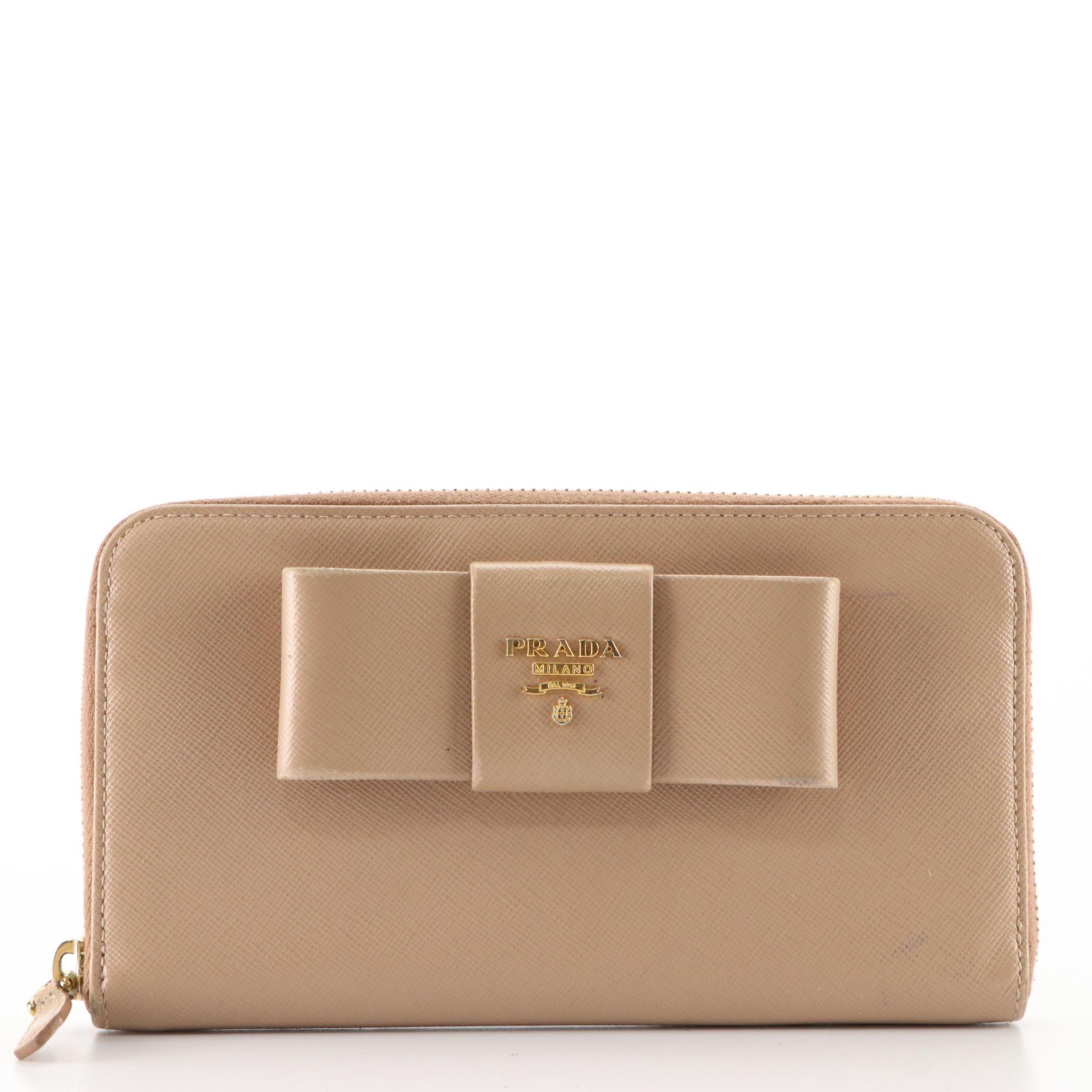 Prada Bow Zip-Around Wallet in Tan Saffiano Leather