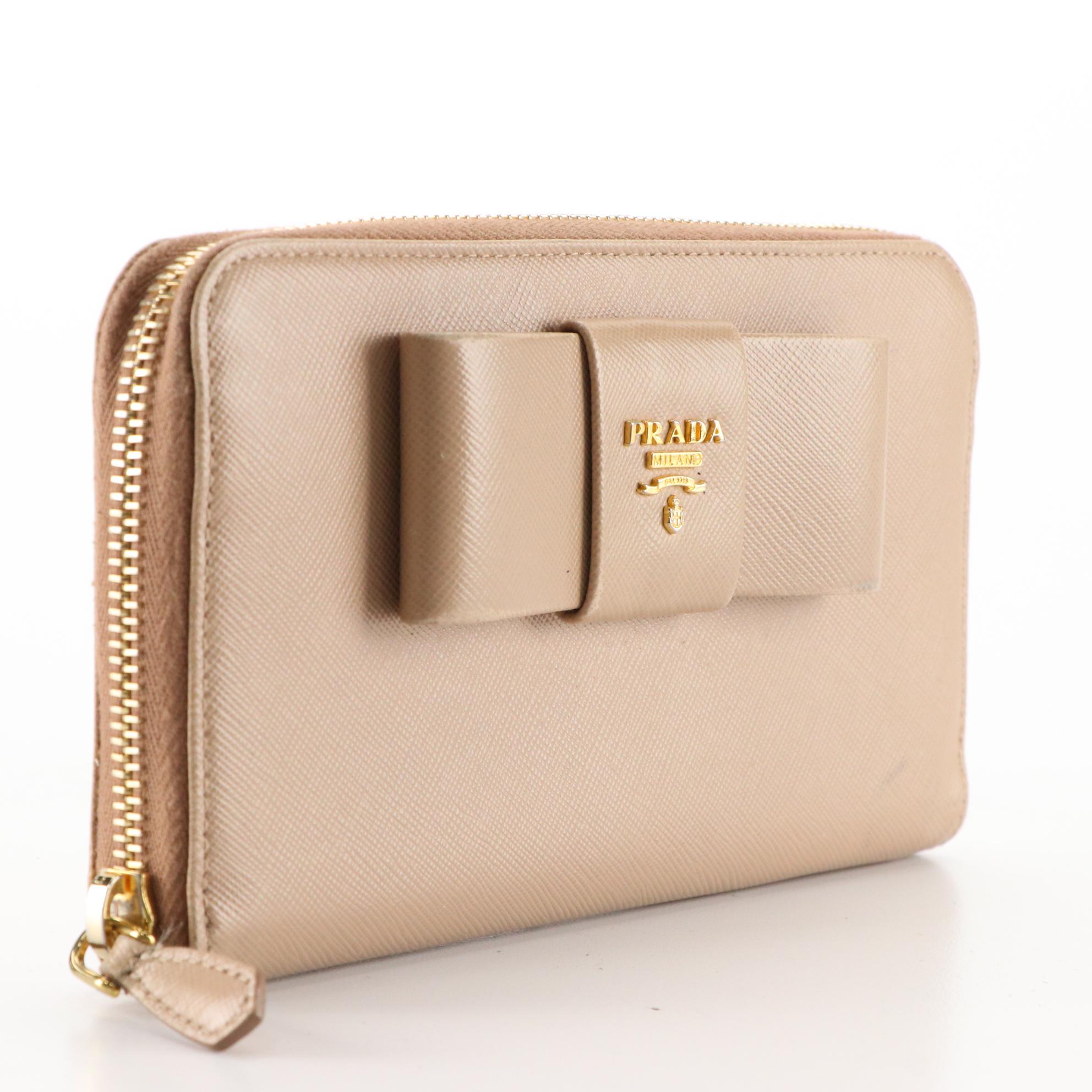 Prada Bow Zip-Around Wallet in Tan Saffiano Leather
