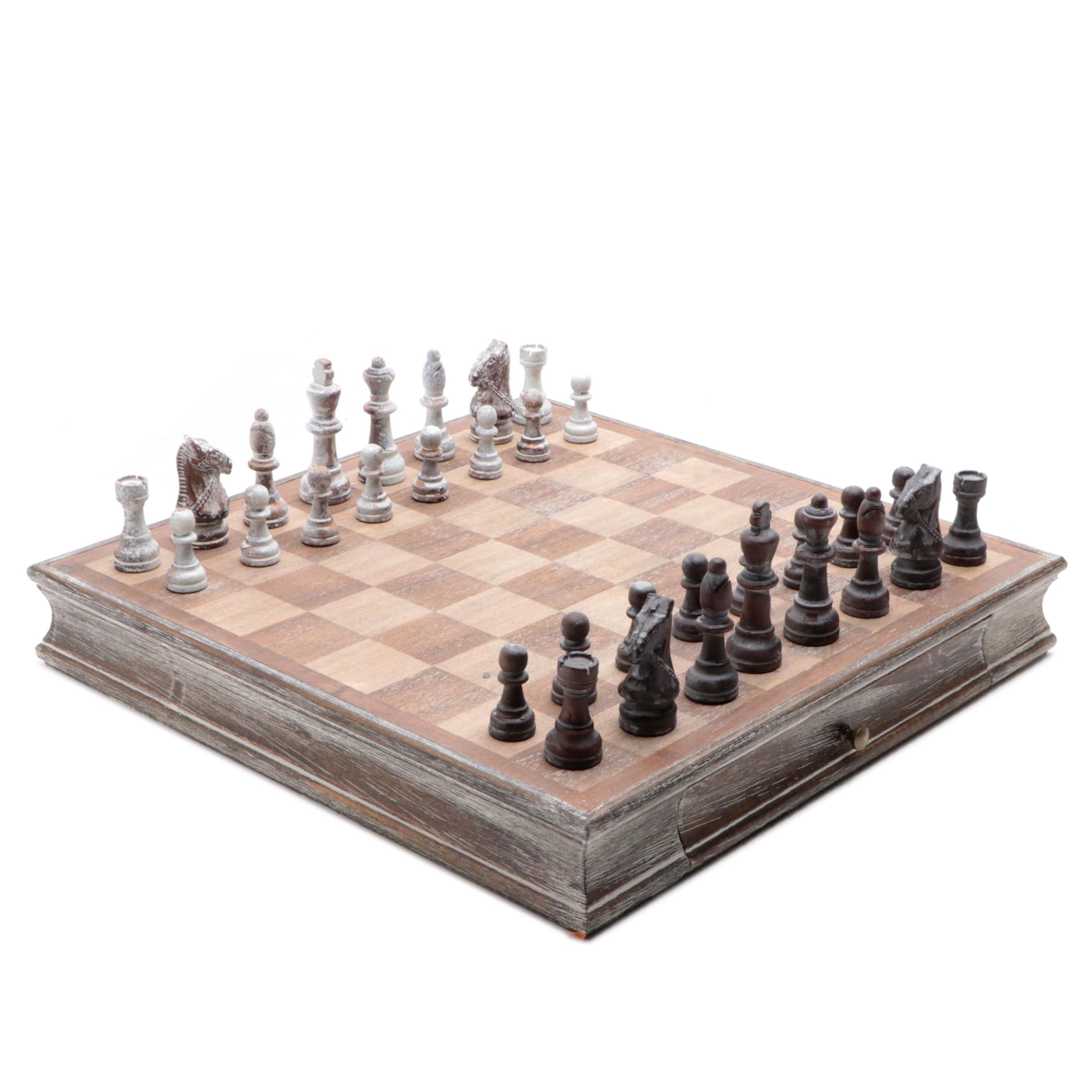 Chess Game Board and Chess Pieces with Intentionally Distressed Finish