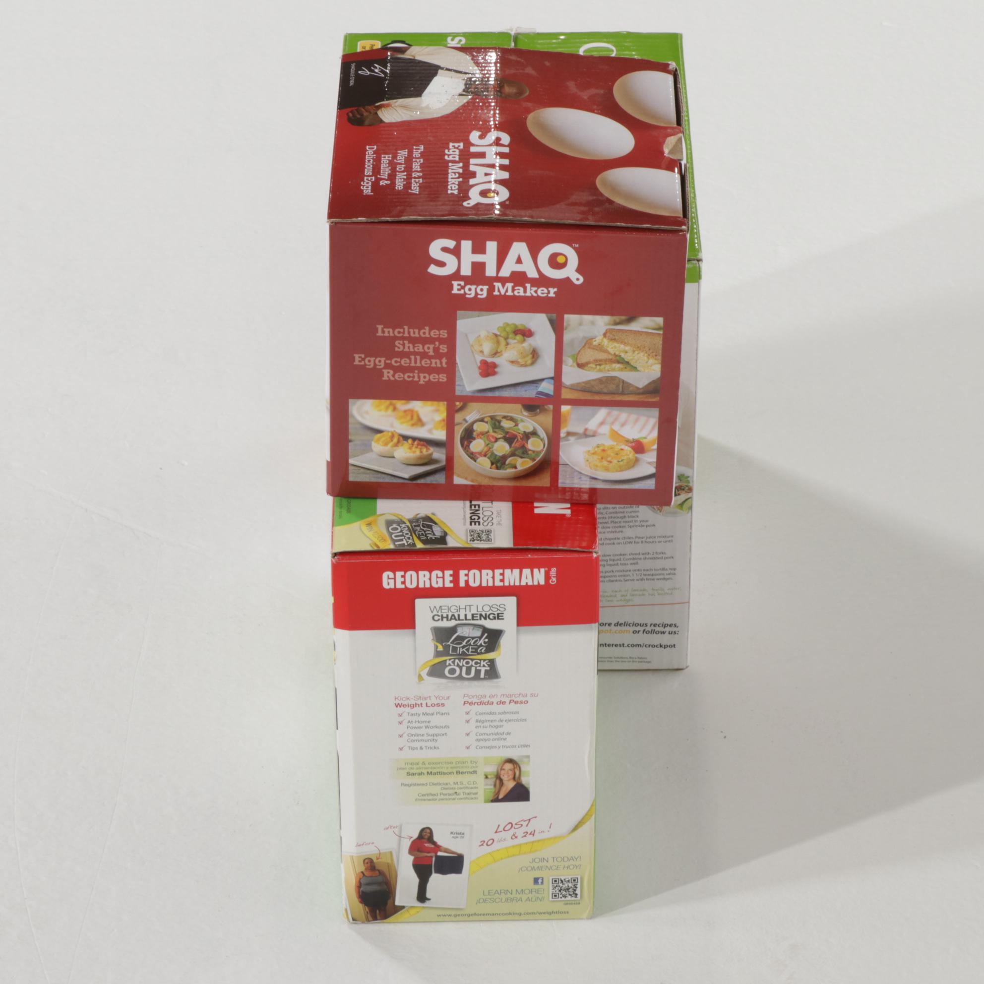 Crock Pot 4-Quart "Smart Pot", George Foreman Electric Grill and Shaq Egg Maker