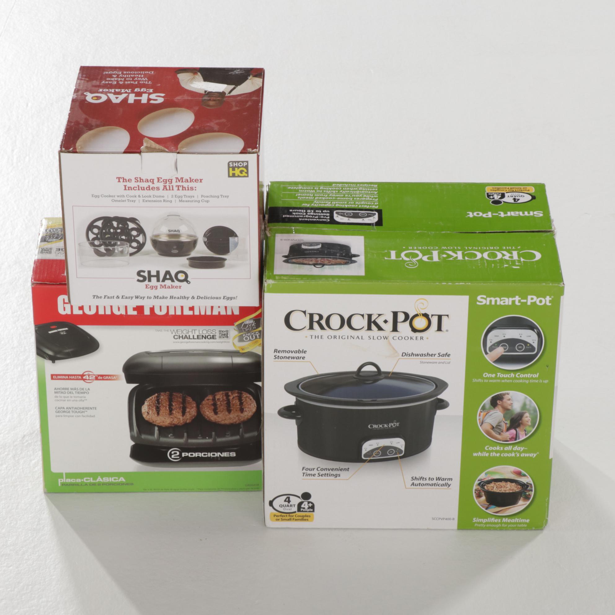 Crock Pot 4-Quart "Smart Pot", George Foreman Electric Grill and Shaq Egg Maker