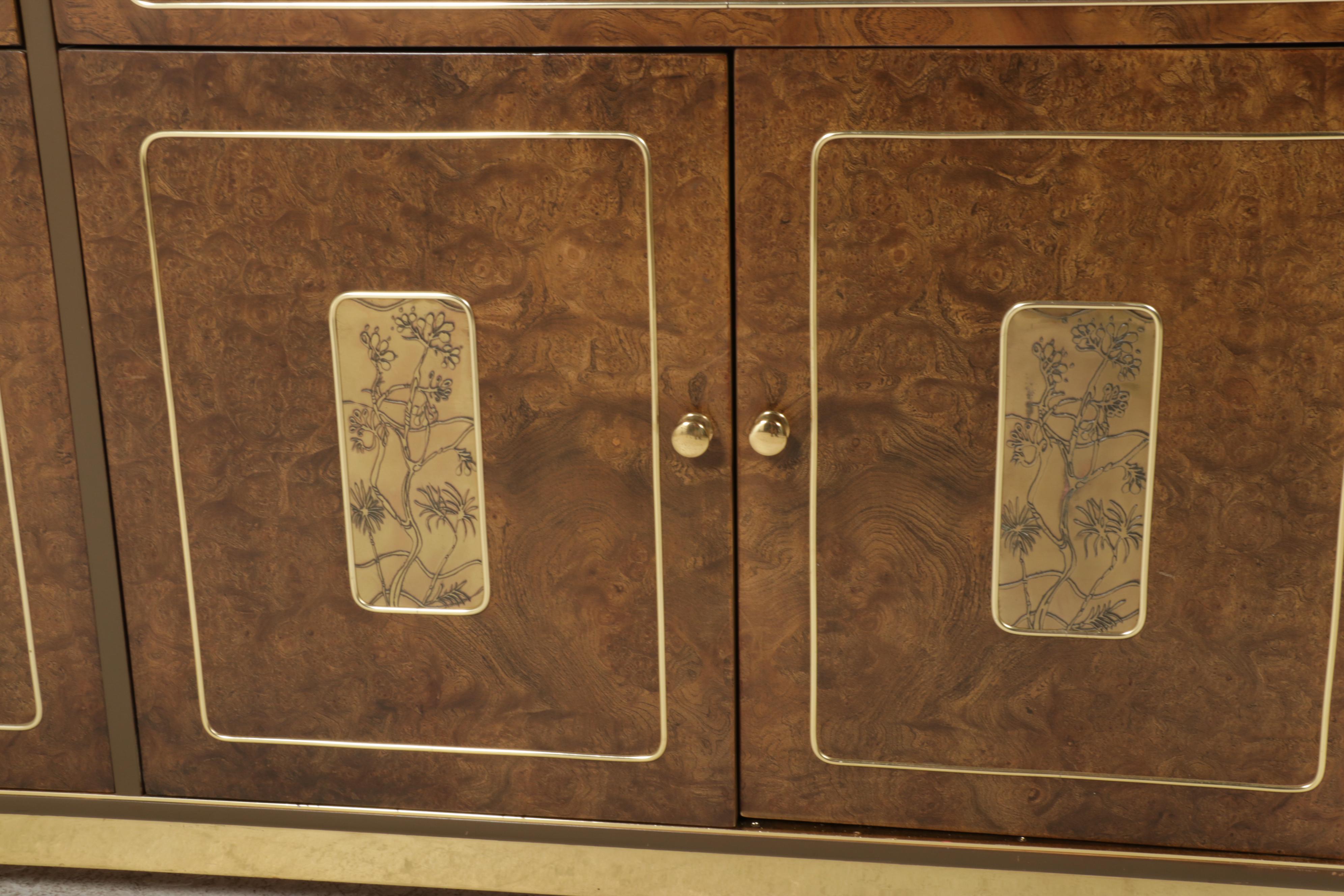 Romweber Hollywood Regency Burlwood and Brass Inlaid Credenza, 1970s