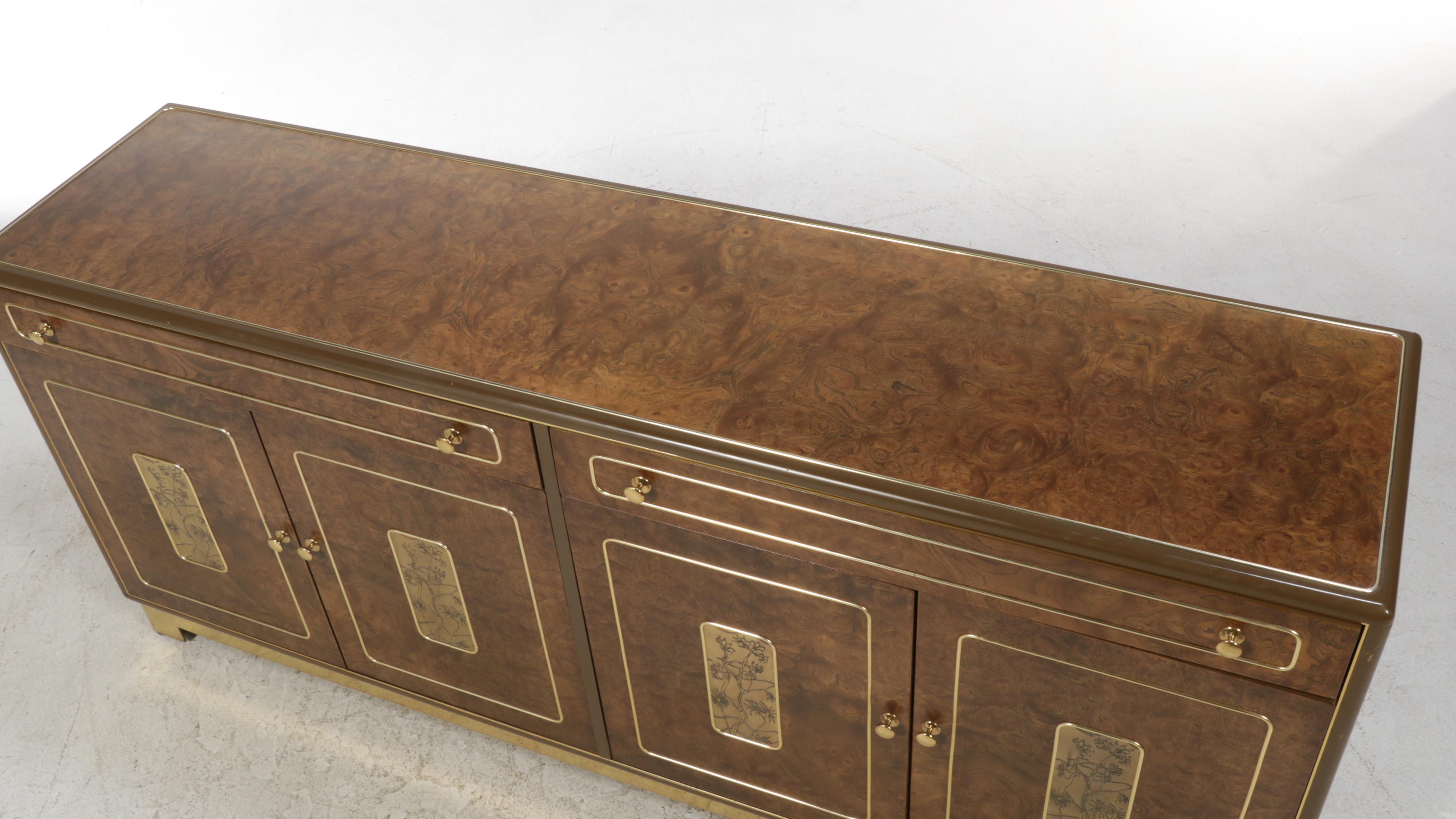 Romweber Hollywood Regency Burlwood and Brass Inlaid Credenza, 1970s