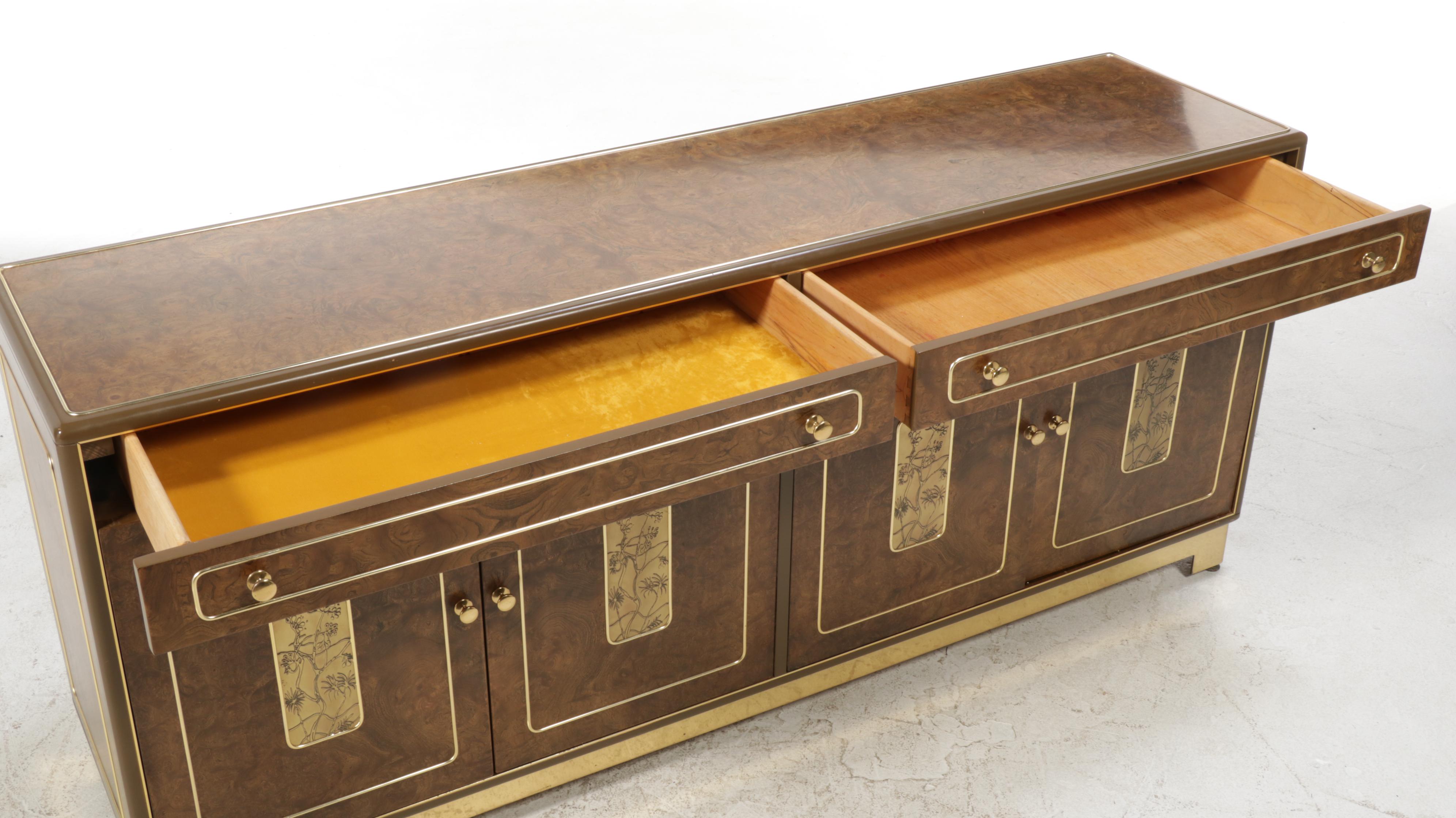 Romweber Hollywood Regency Burlwood and Brass Inlaid Credenza, 1970s