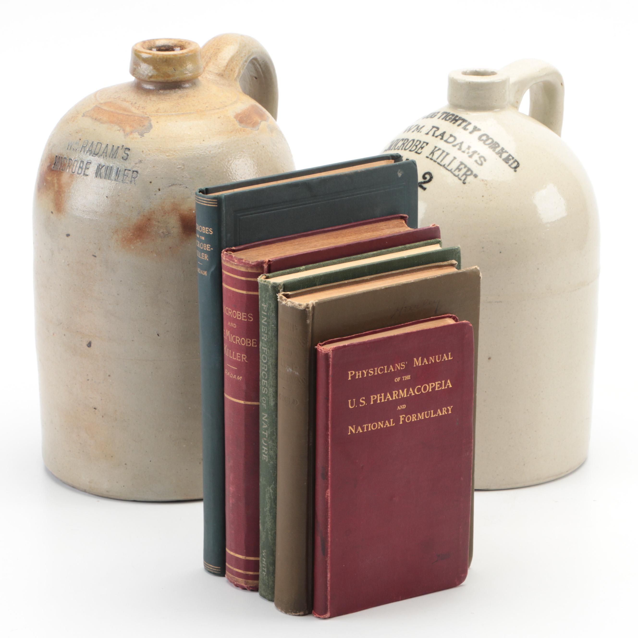 William Radam Microbe Killer Stoneware Jugs with Radam Books, Late 19th Century