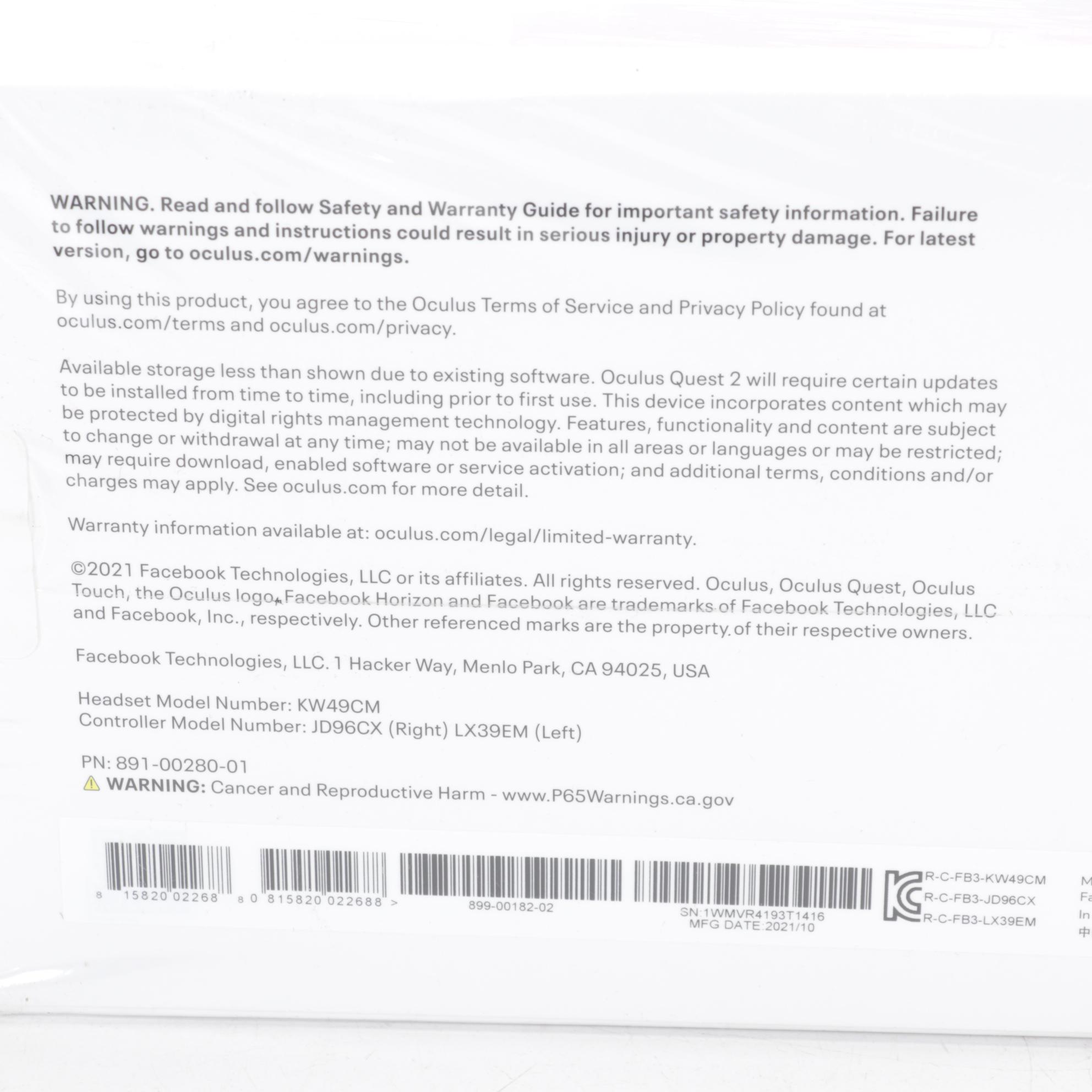 Oculus Quest 2 Virtual Reality Wireless Gaming Set in Box