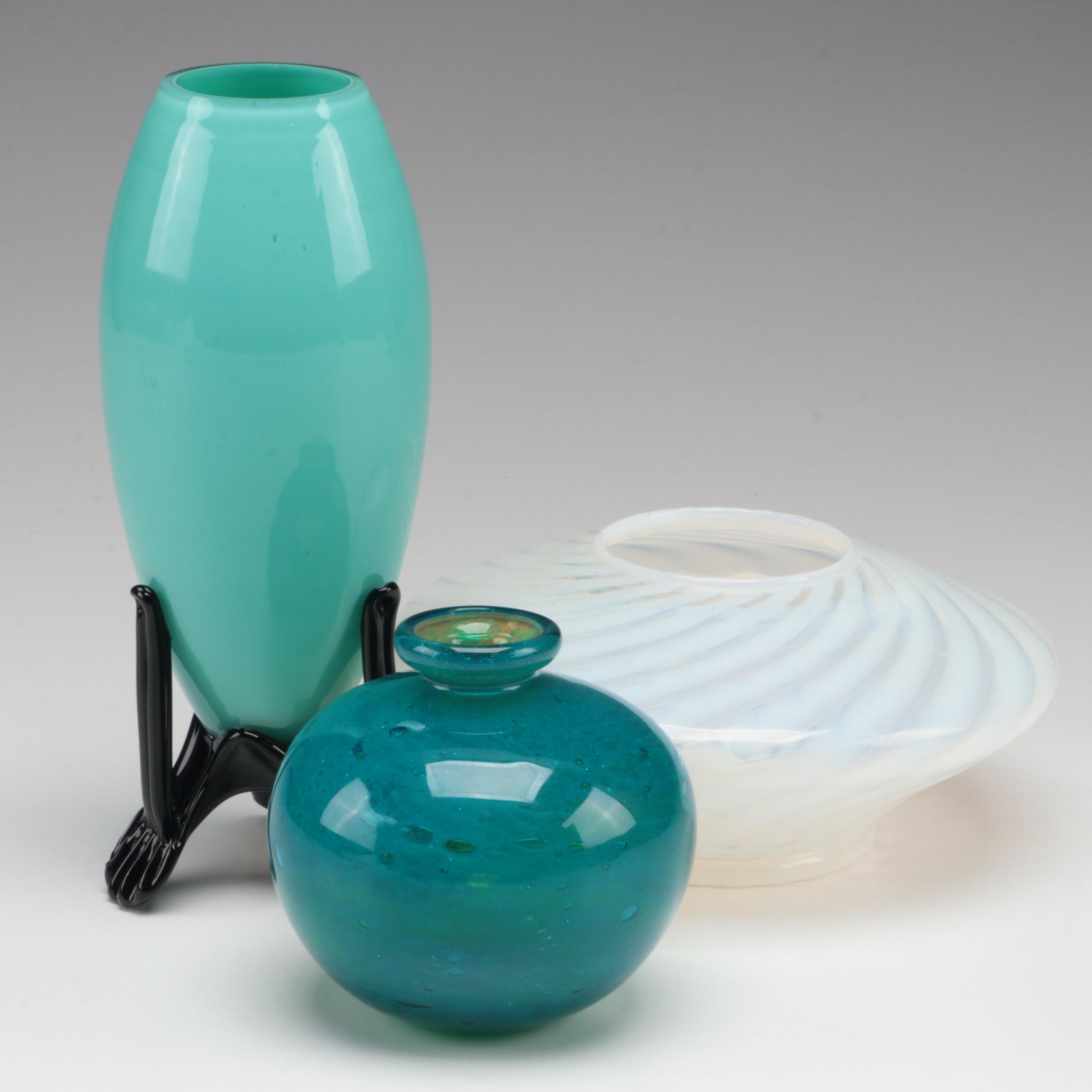 Opalescent Swirl, Cased Vaseline and Art Deco Style Art Glass Vases
