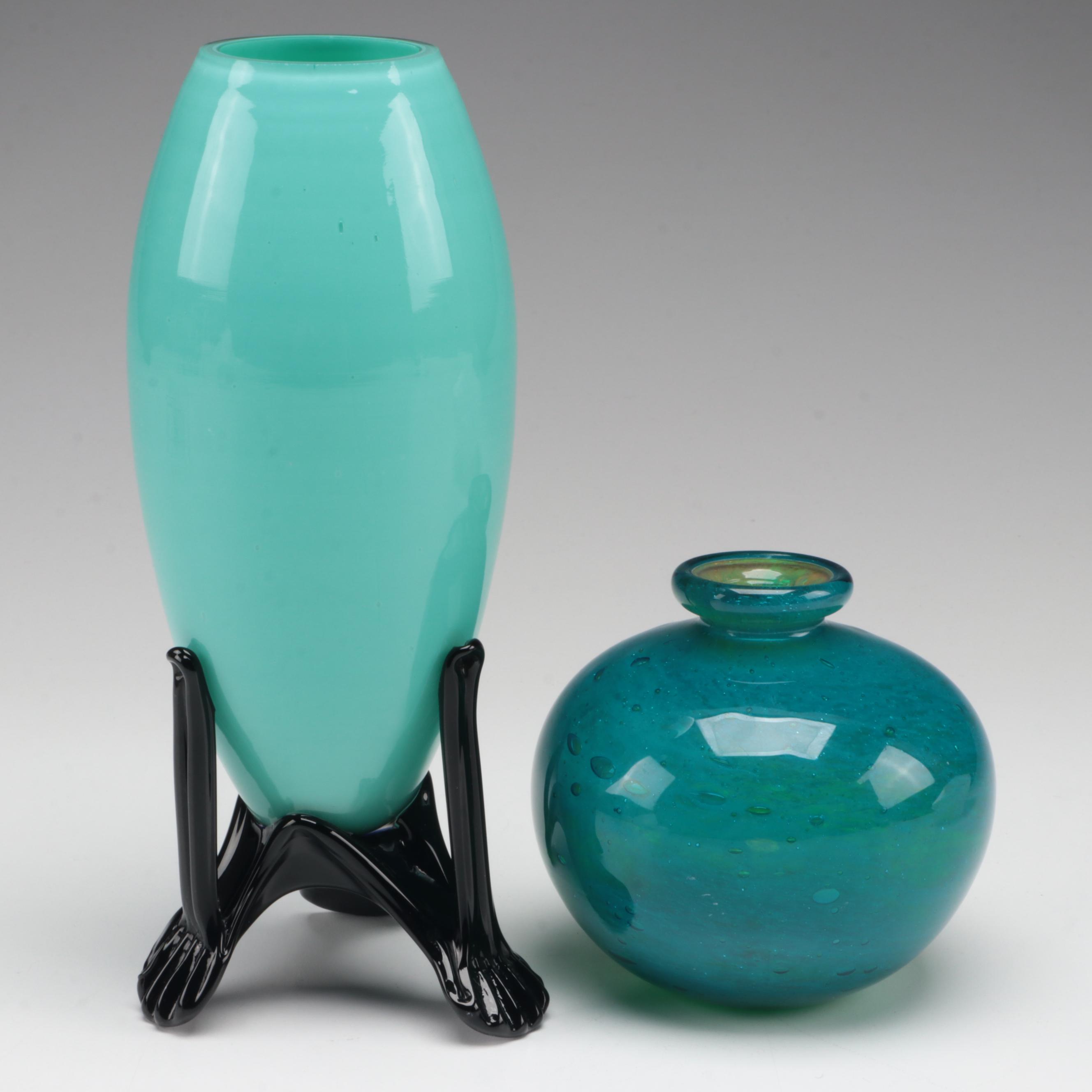 Opalescent Swirl, Cased Vaseline and Art Deco Style Art Glass Vases