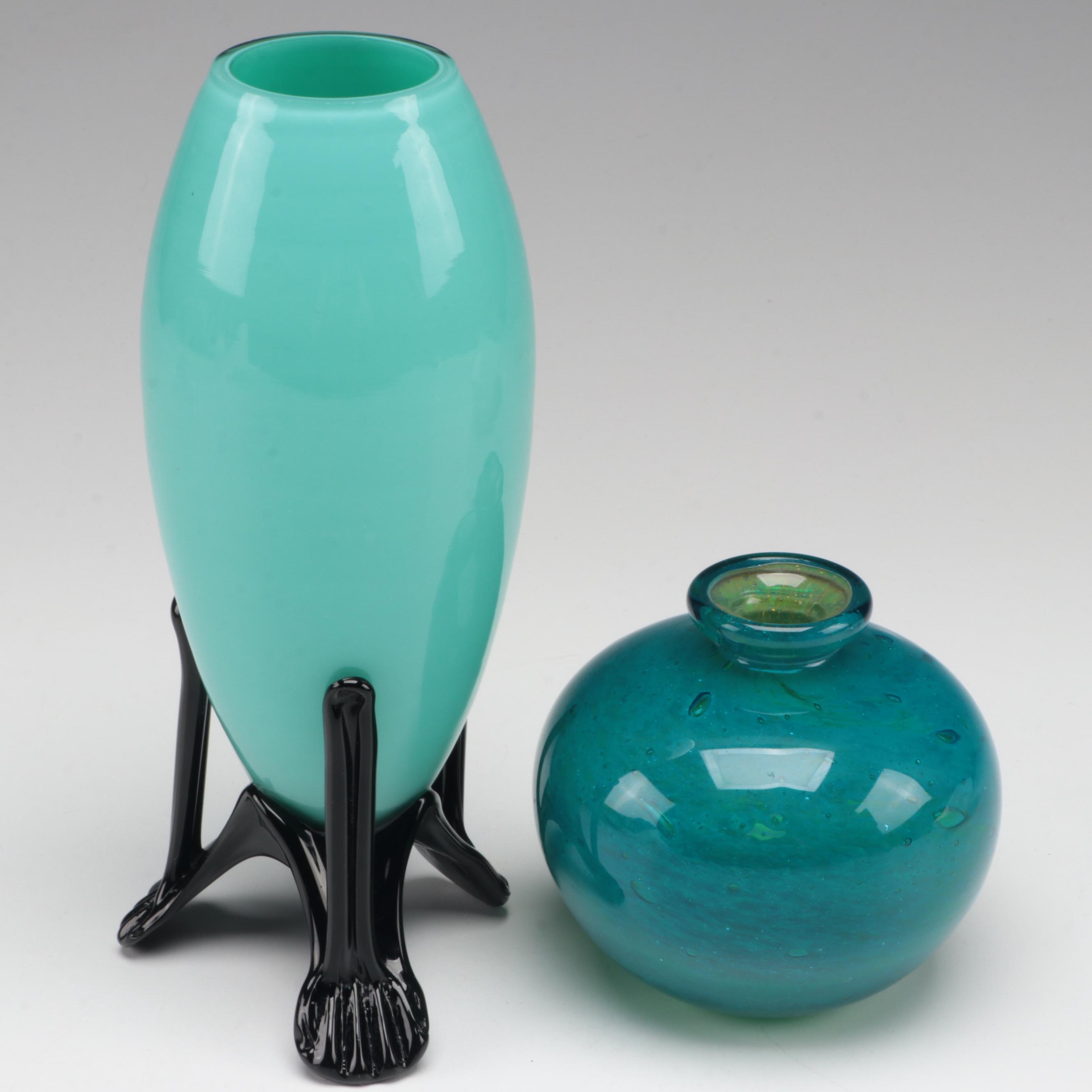 Opalescent Swirl, Cased Vaseline and Art Deco Style Art Glass Vases