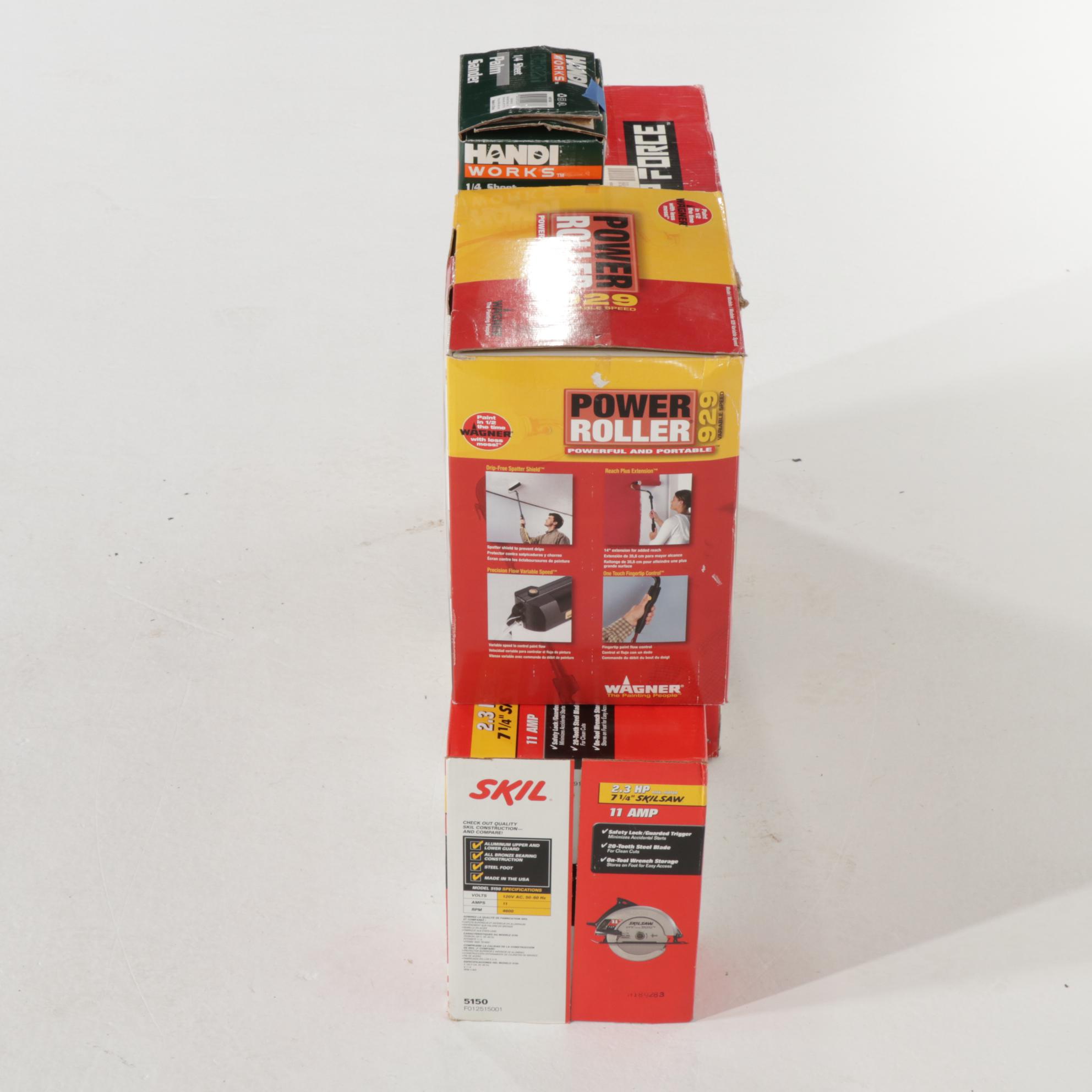 Combo Air Compressor and Brad Nailer, Palm Sander, Circular Saw and Power Roller