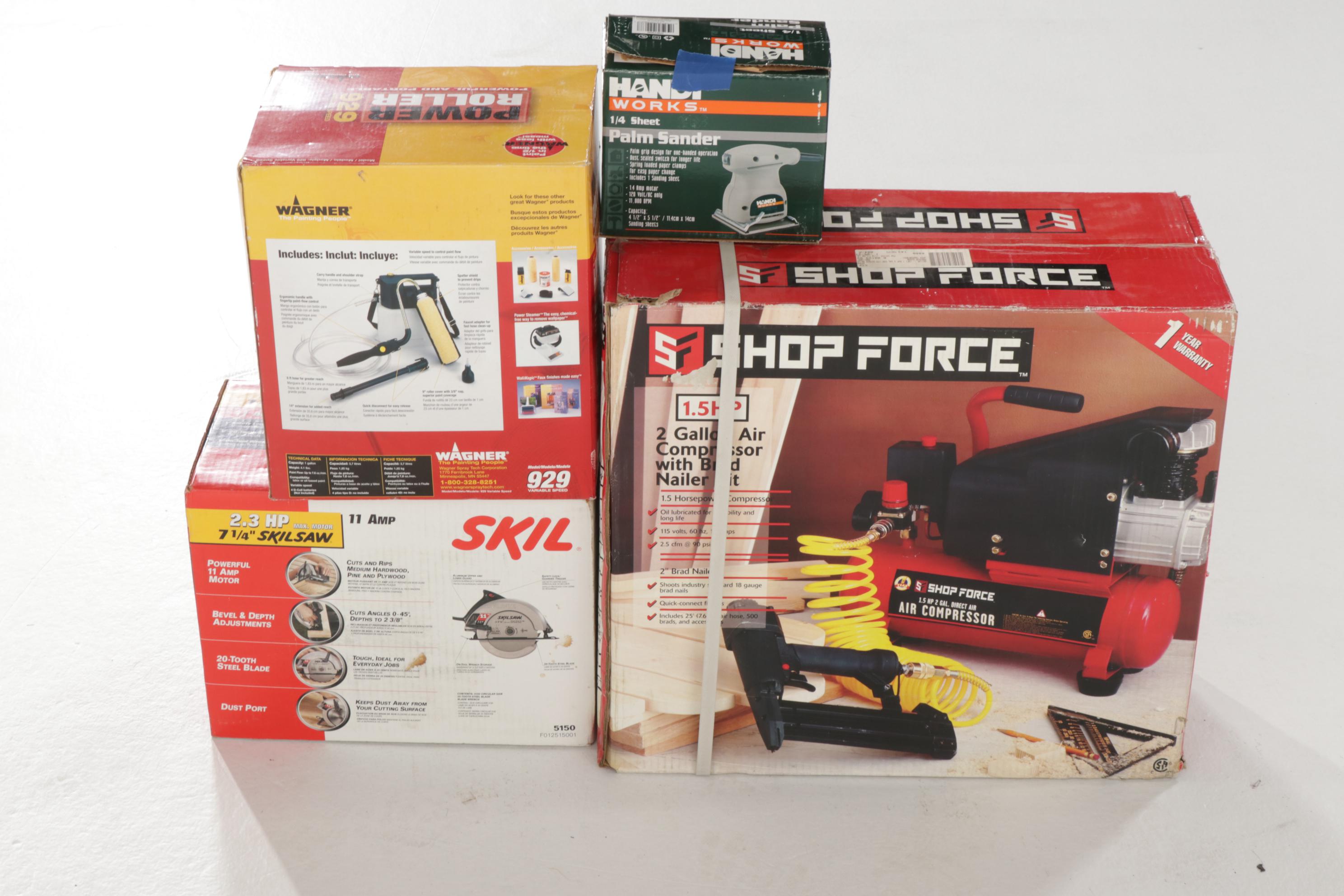 Combo Air Compressor and Brad Nailer, Palm Sander, Circular Saw and Power Roller