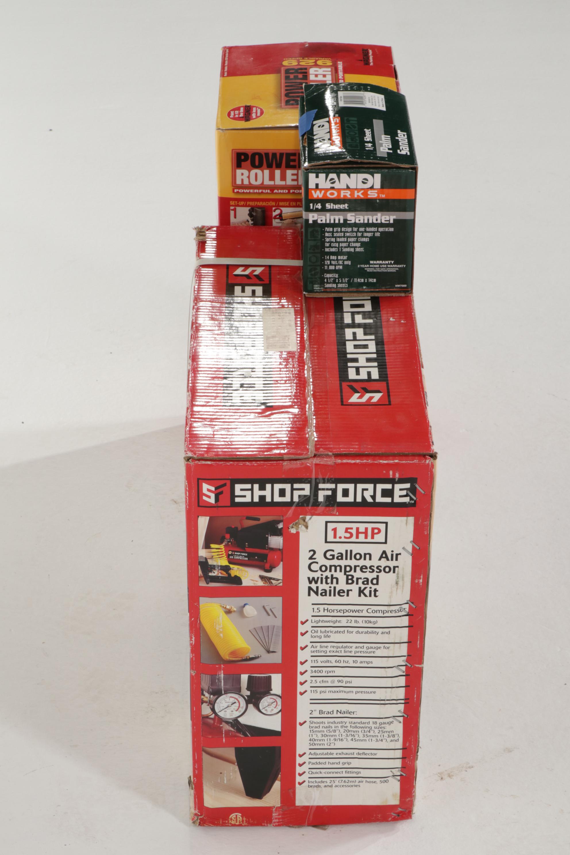 Combo Air Compressor and Brad Nailer, Palm Sander, Circular Saw and Power Roller