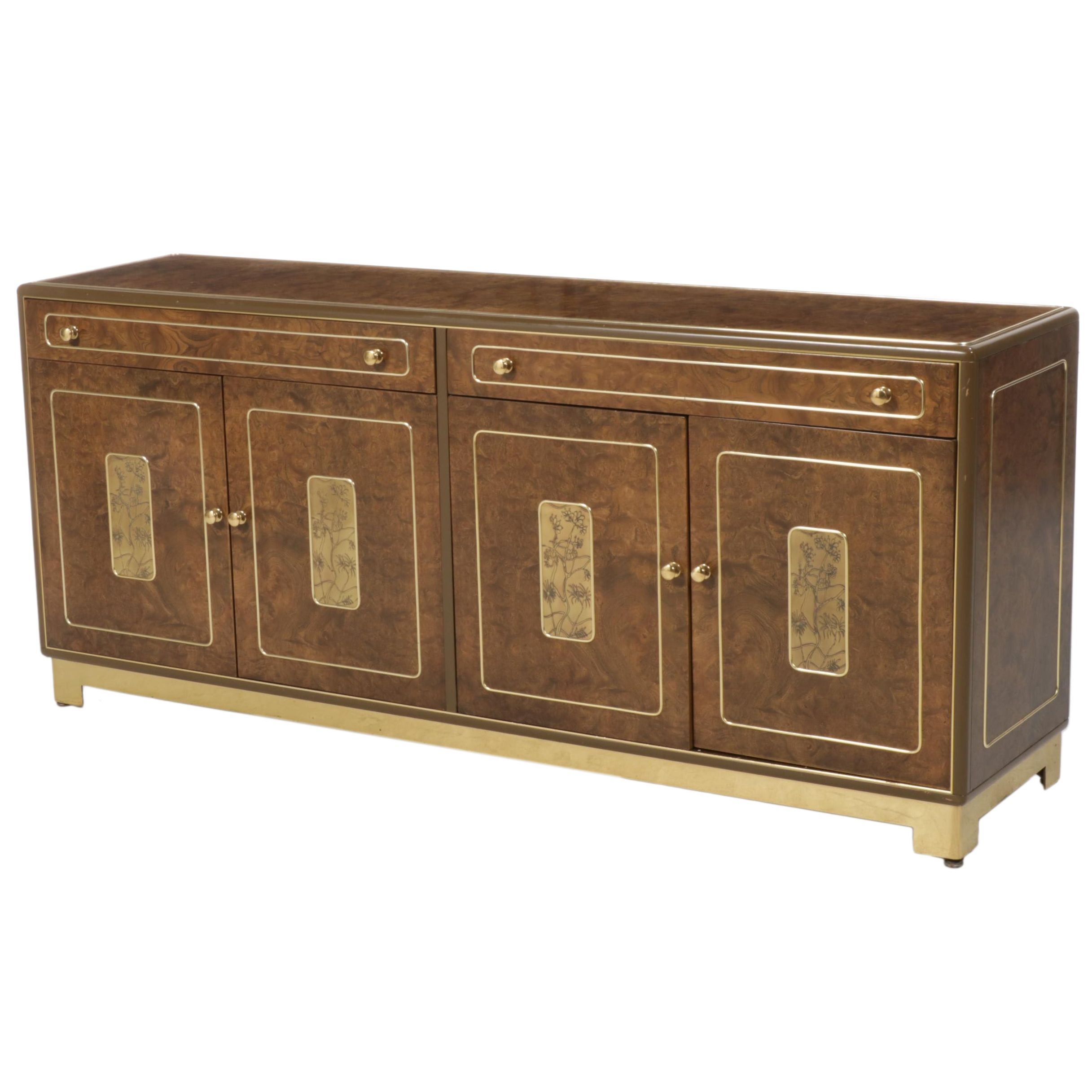 Romweber Hollywood Regency Burlwood and Brass Inlaid Credenza, 1970s