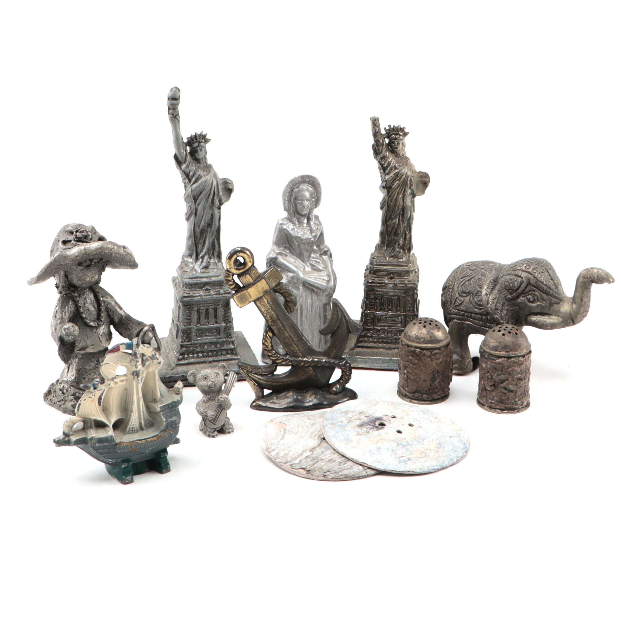 Hudson and Other Pewter Figurines and Shakers with Mother-of -Pearl Buttons