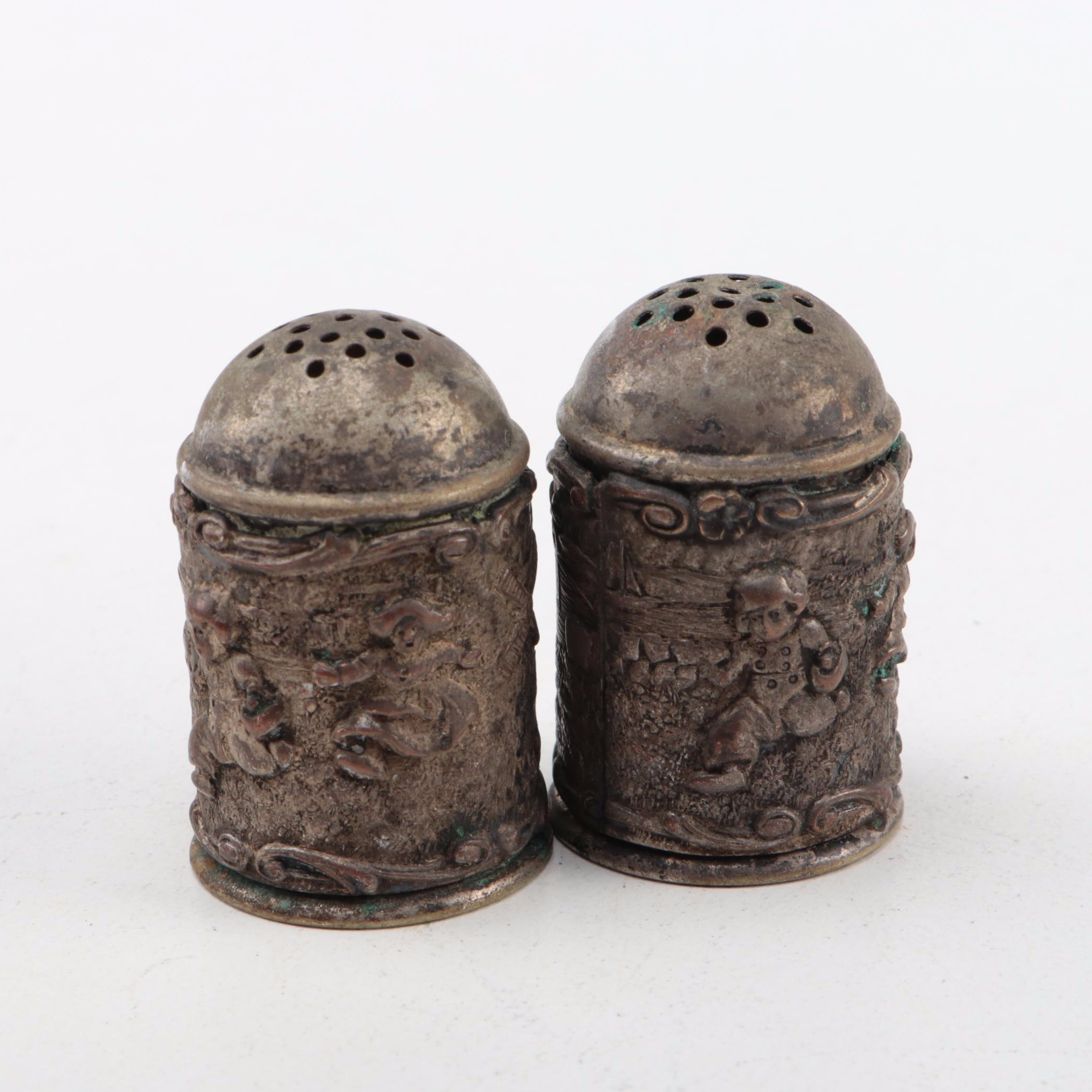 Hudson and Other Pewter Figurines and Shakers with Mother-of -Pearl Buttons