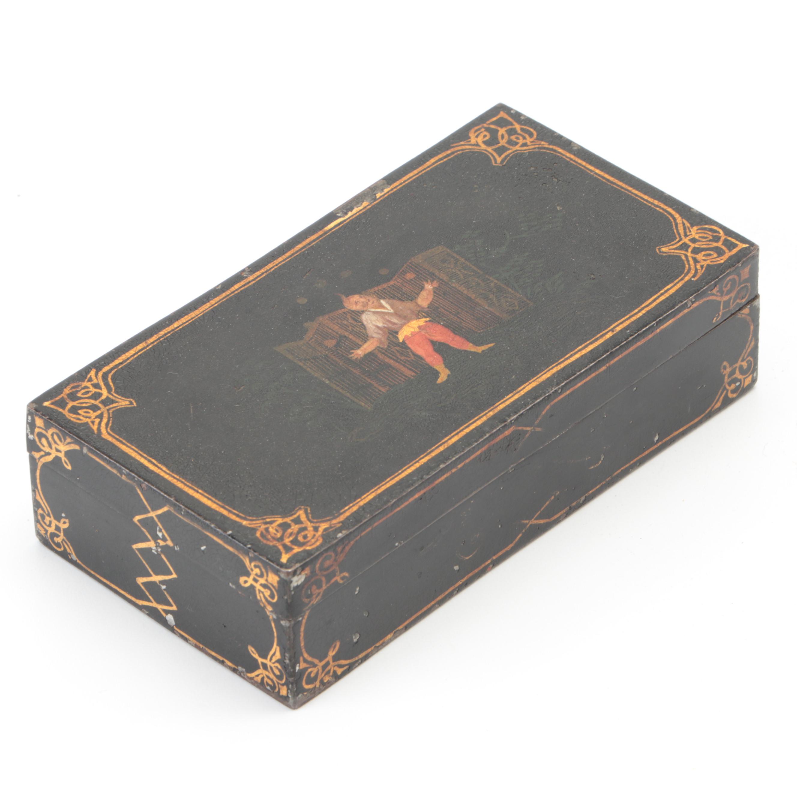 Hand-Painted Jester Motif Metal Trinket Box, Antique