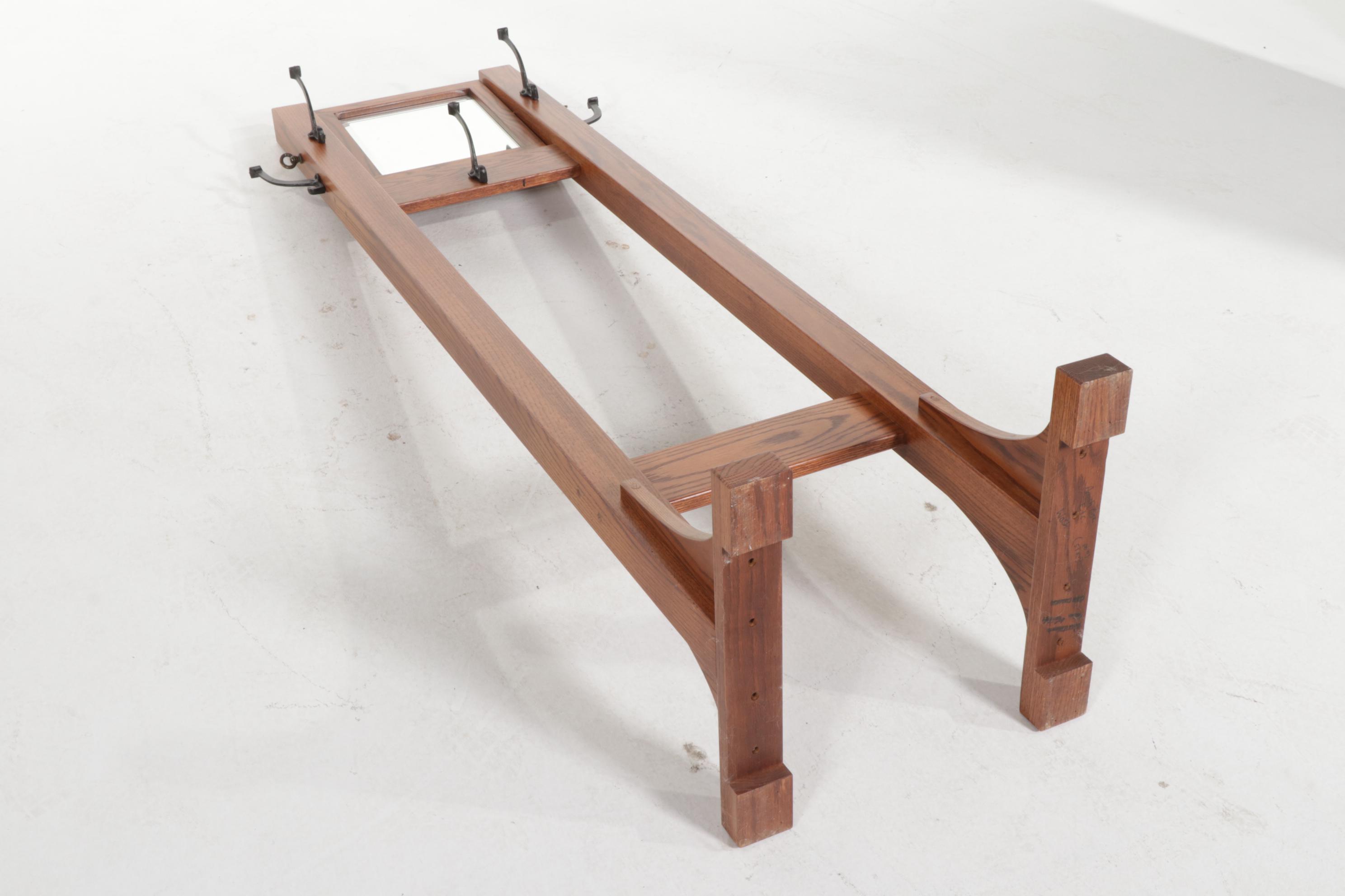 Arts and Crafts Style Oak and Iron Mirrored Hall Tree