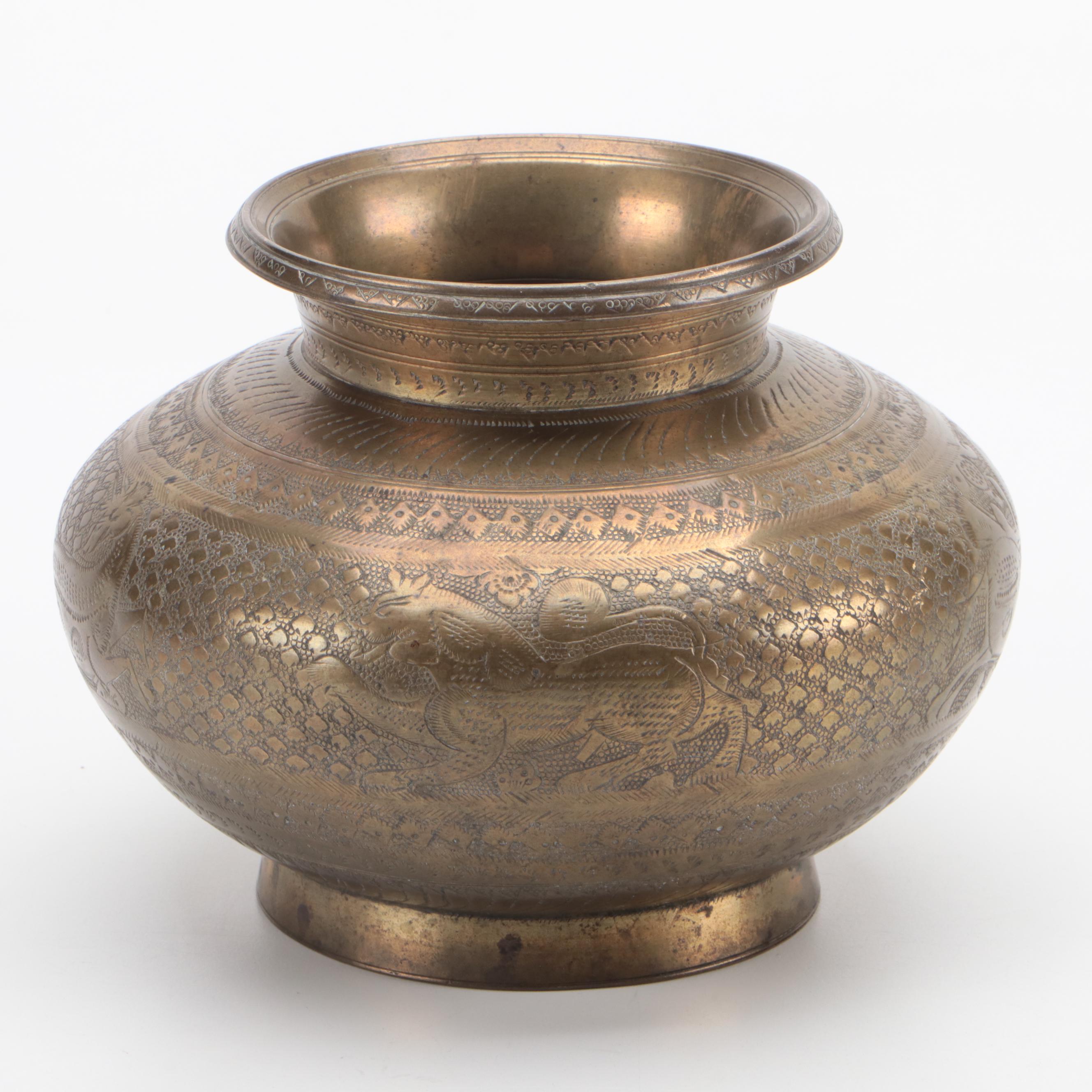 Indo-Persian Hand-Chased Brass Urn