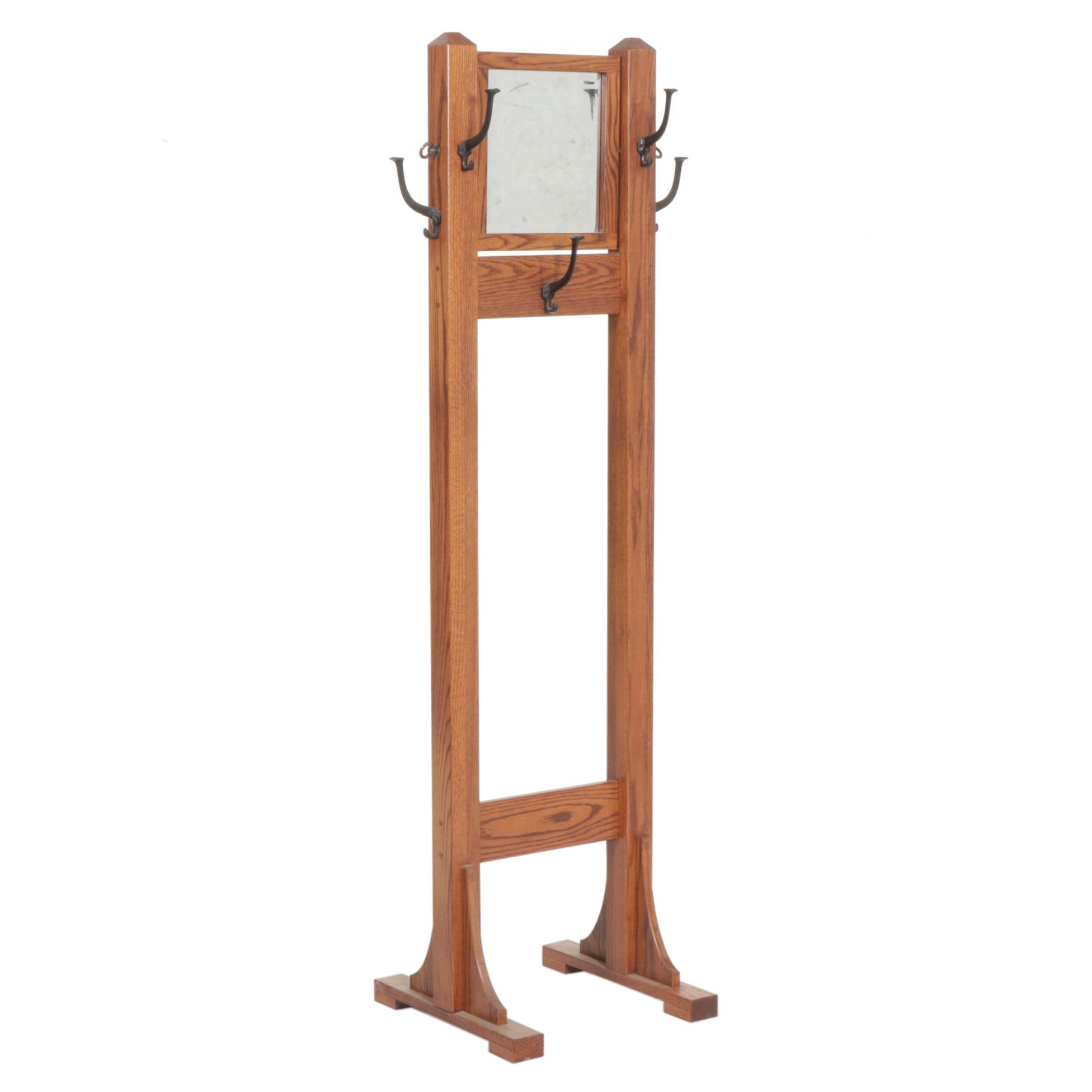 Arts and Crafts Style Oak and Iron Mirrored Hall Tree