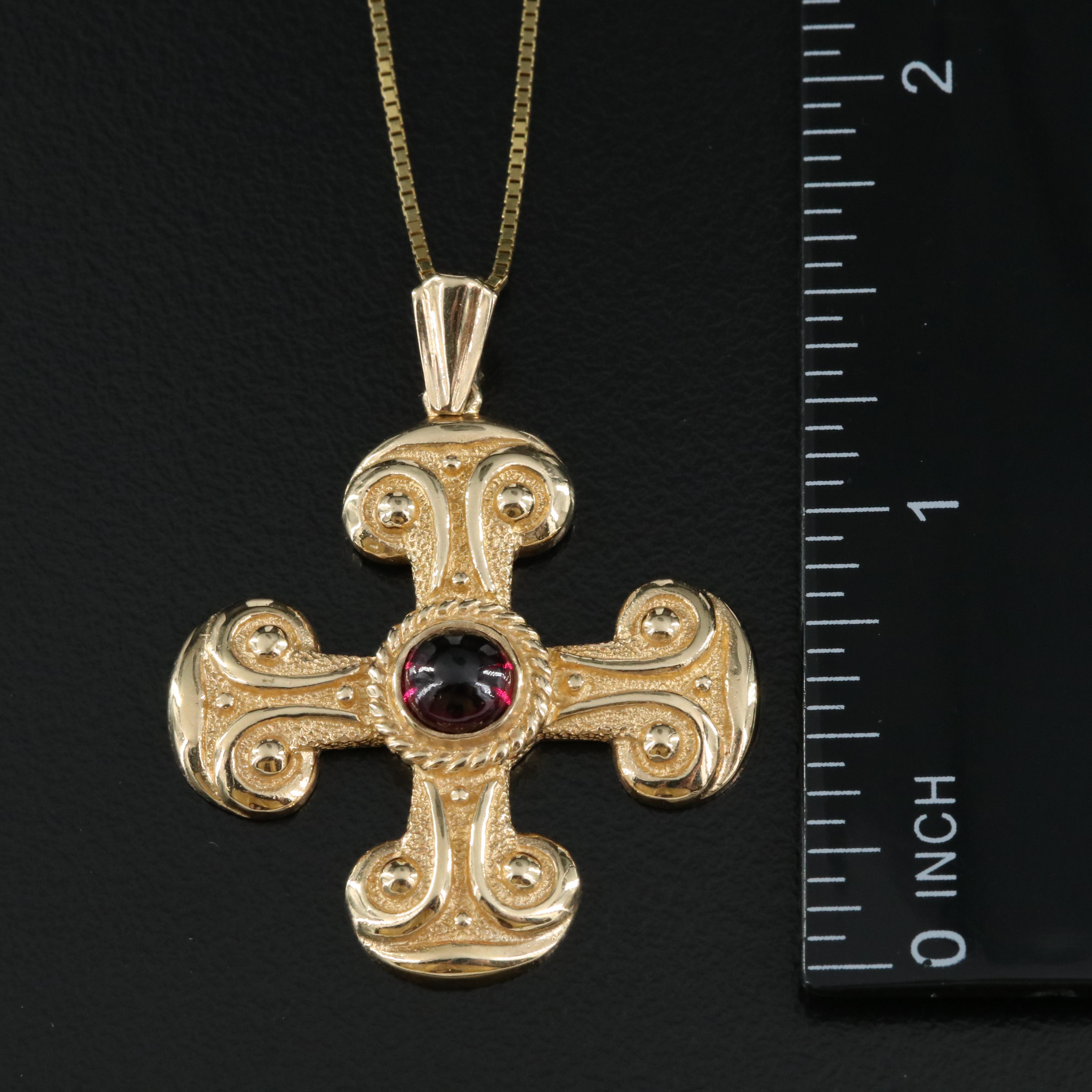 14K  Garnet Maltese Cross Pendant Necklace