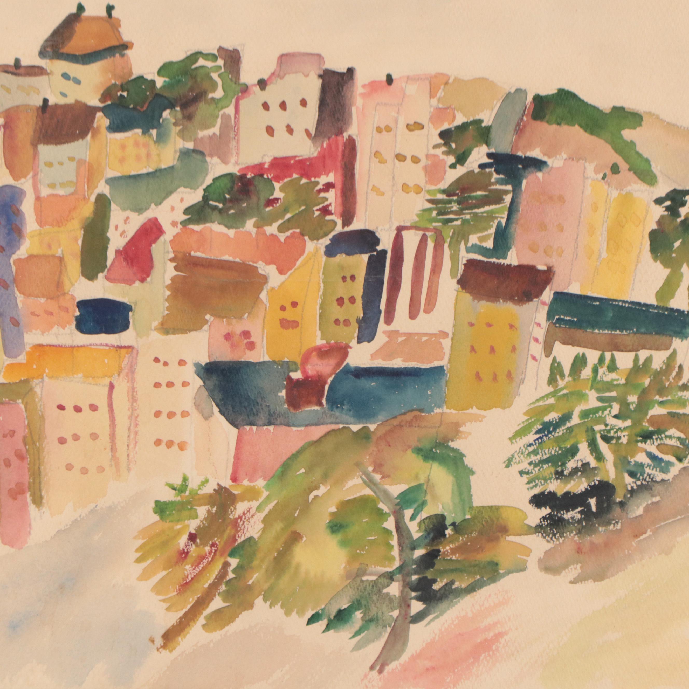 Expressionist Style Watercolor Painting of Cityscape