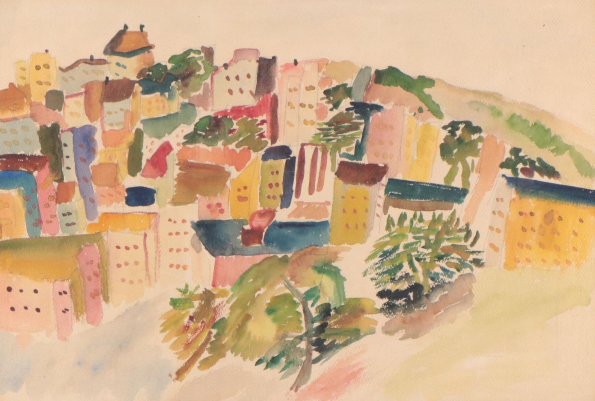 Expressionist Style Watercolor Painting of Cityscape