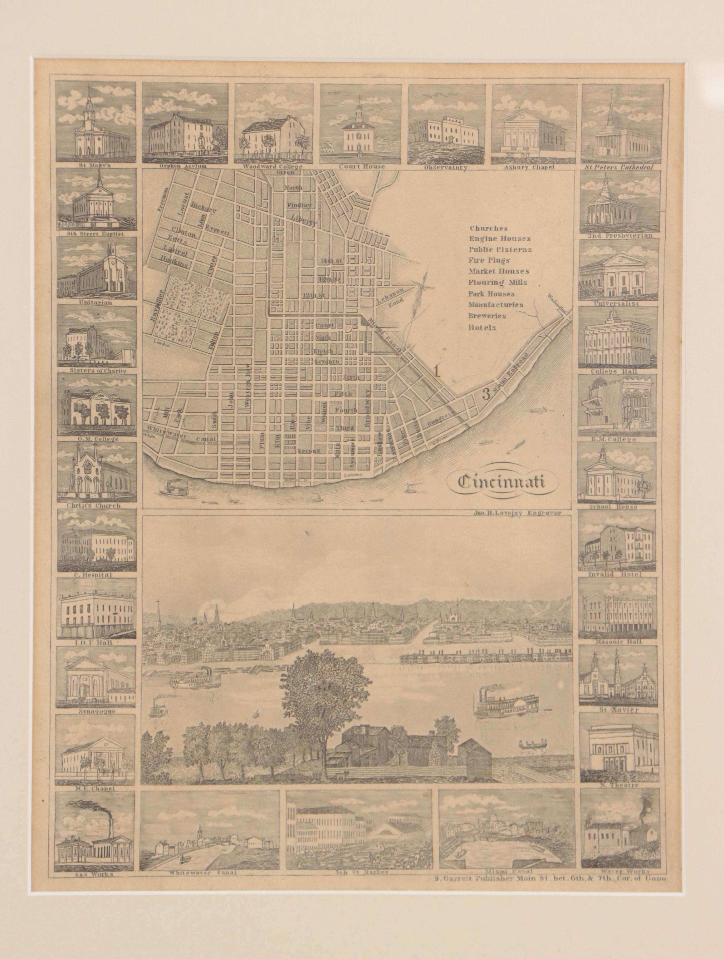 Jno. H Lovejoy Engraved Map of Cincinnati with Cincinnati and Greene County Maps