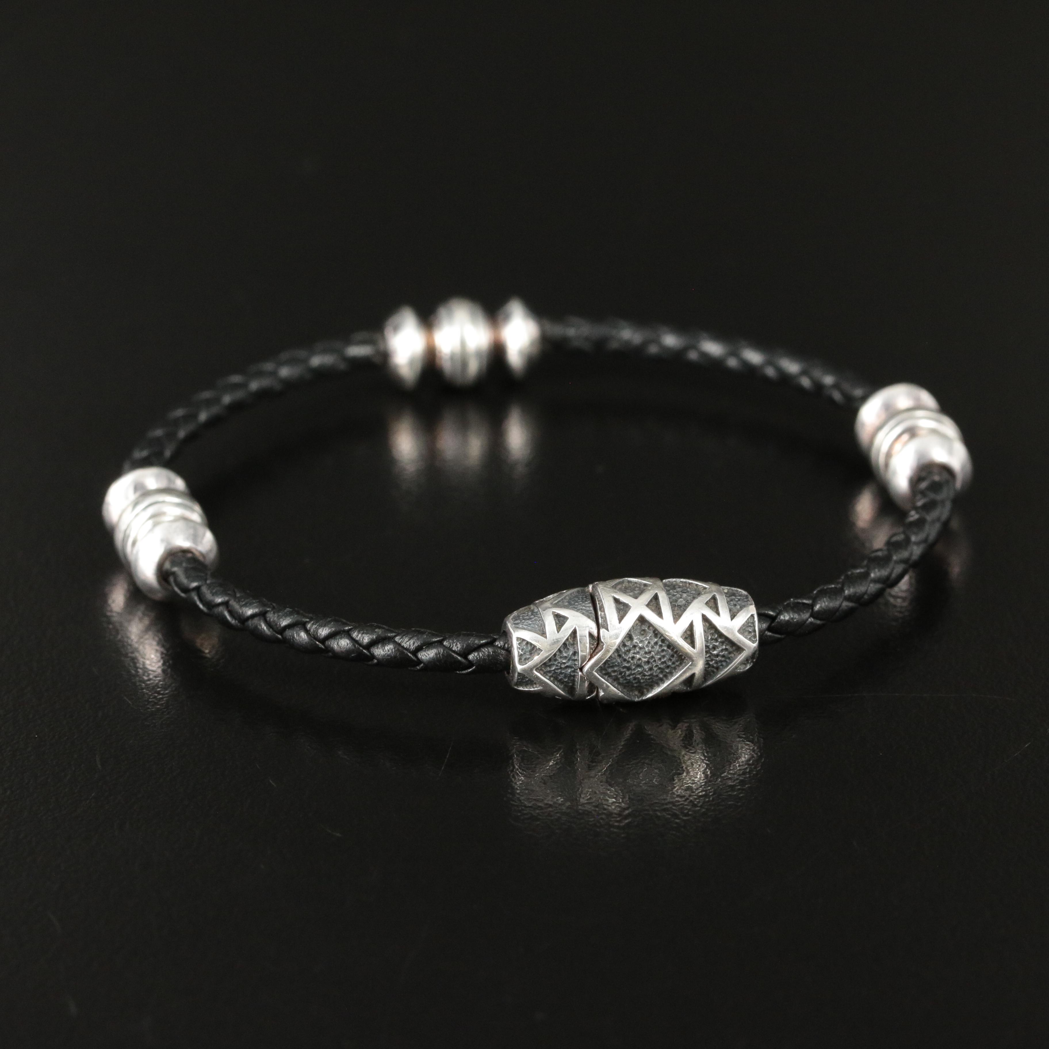 David Yurman Sterling Four Station Braided Leather Bracelet