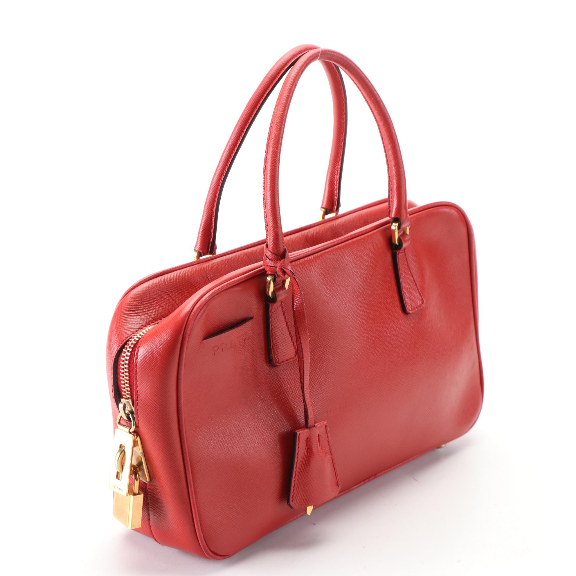 Prada Top Handle Handbag in Red Saffiano Leather
