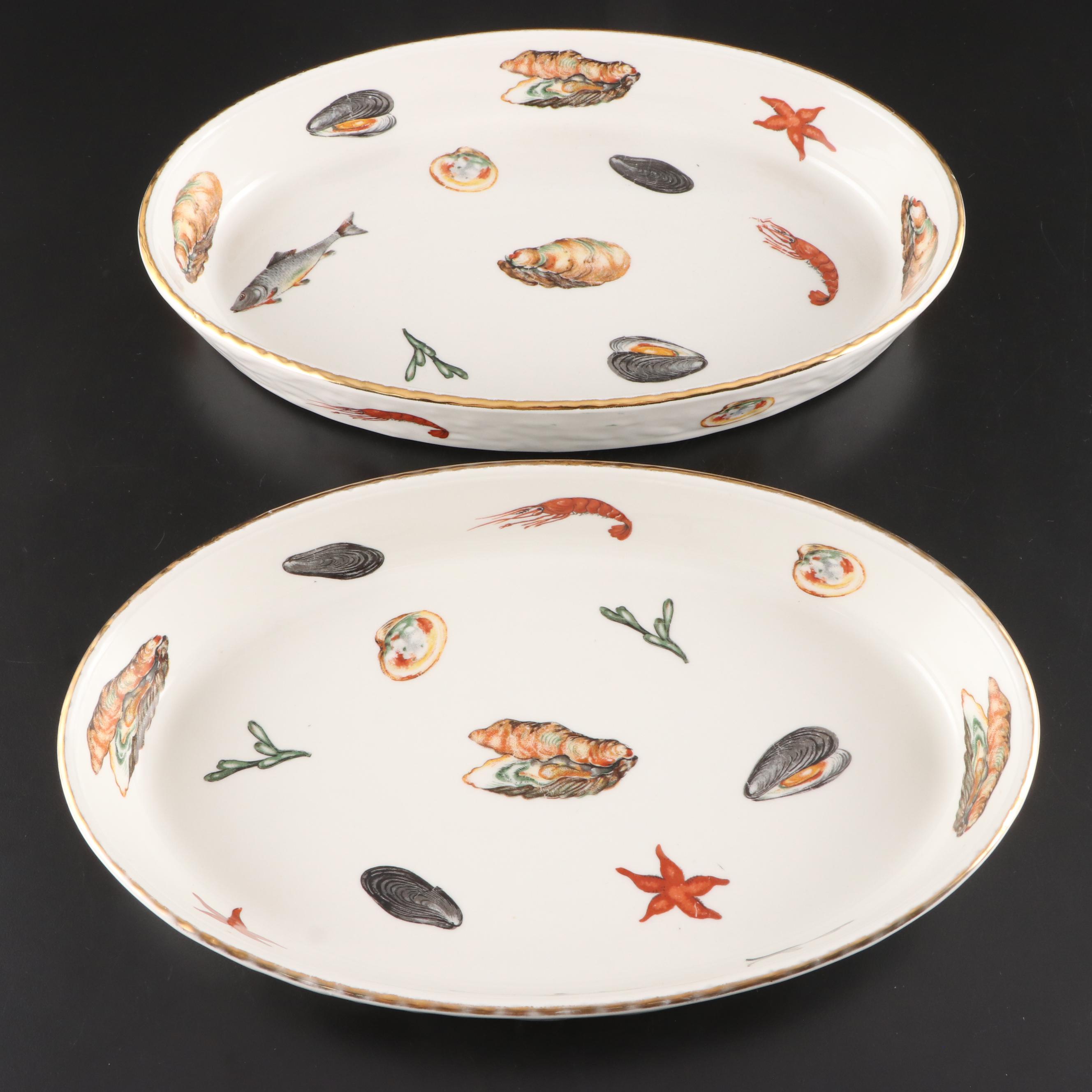 Louis Lourioux French Fireproof Porcelain "Le Faune" Fish Motif Baking Dishes