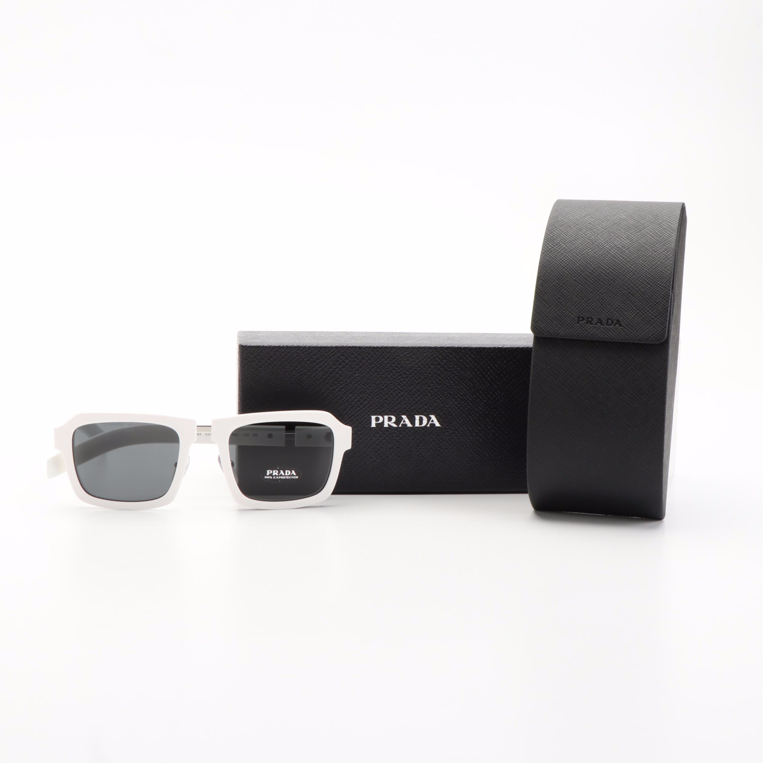 Prada 0PR09XS Rectangular White and Grey Sunglasses With Case