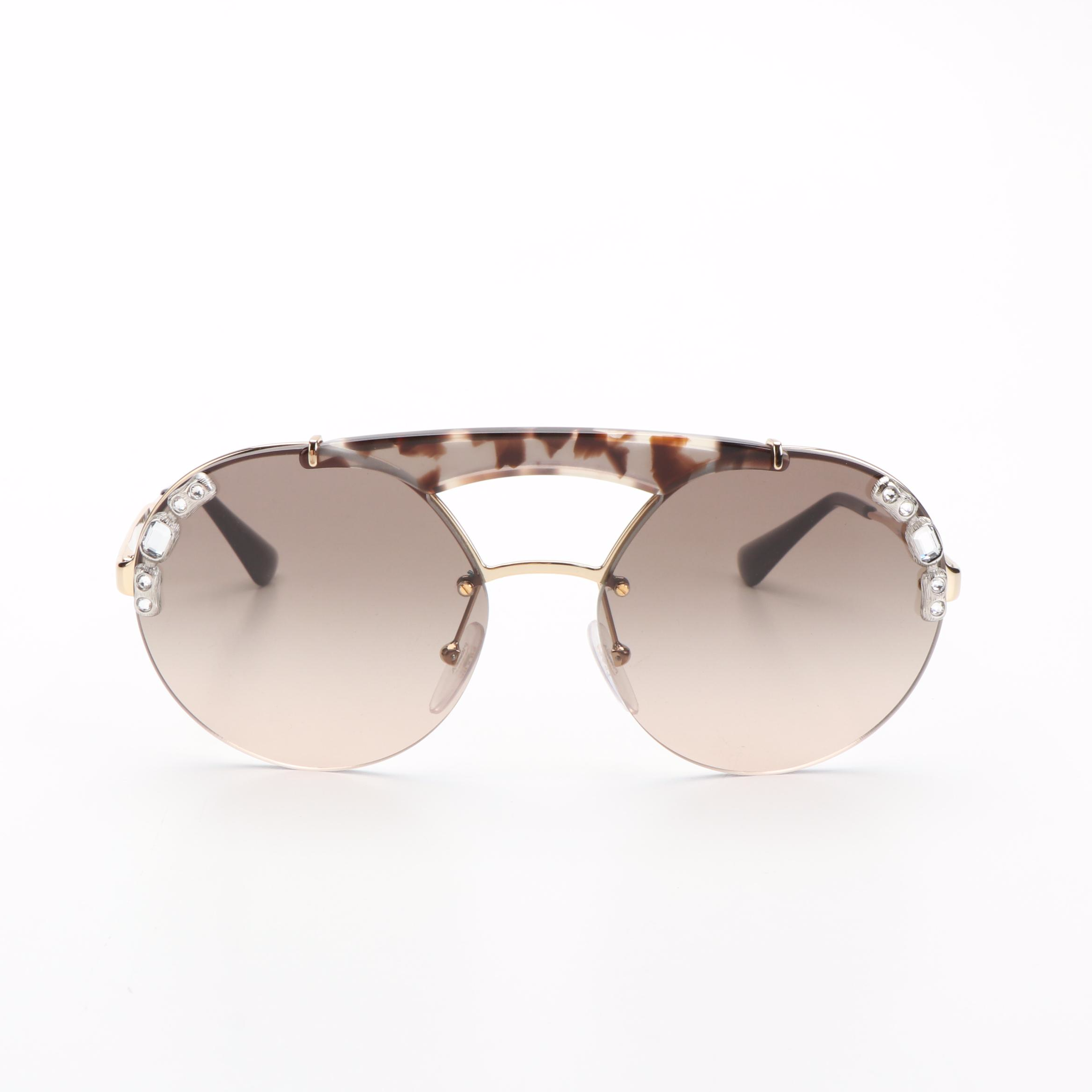 Prada SPR52U Crystal Ornate Brown Havana Bar Round Sunglasses with Case and Box