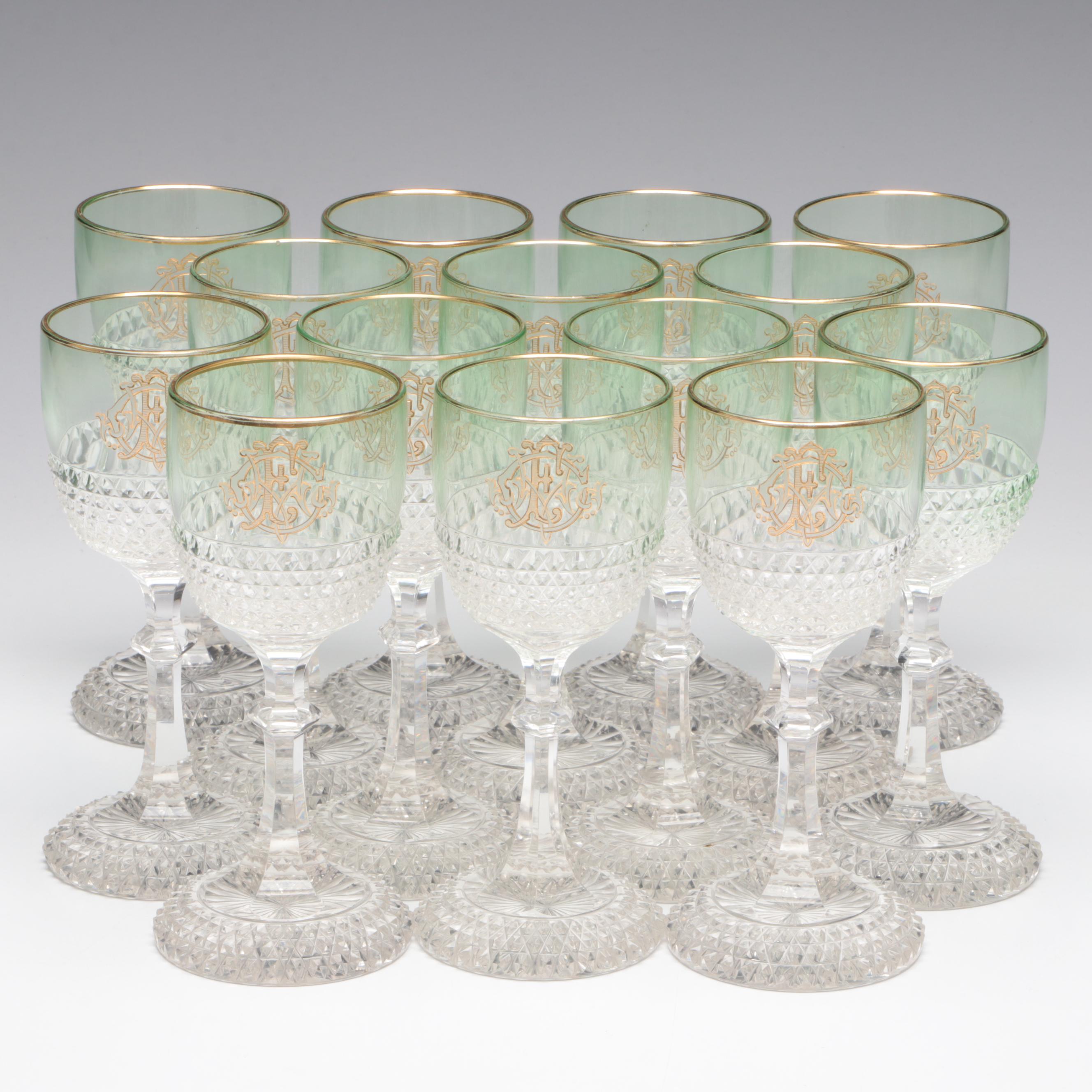 Set of 14 European DiamondCut Crystal Port Glasses, 19th Century EBTH