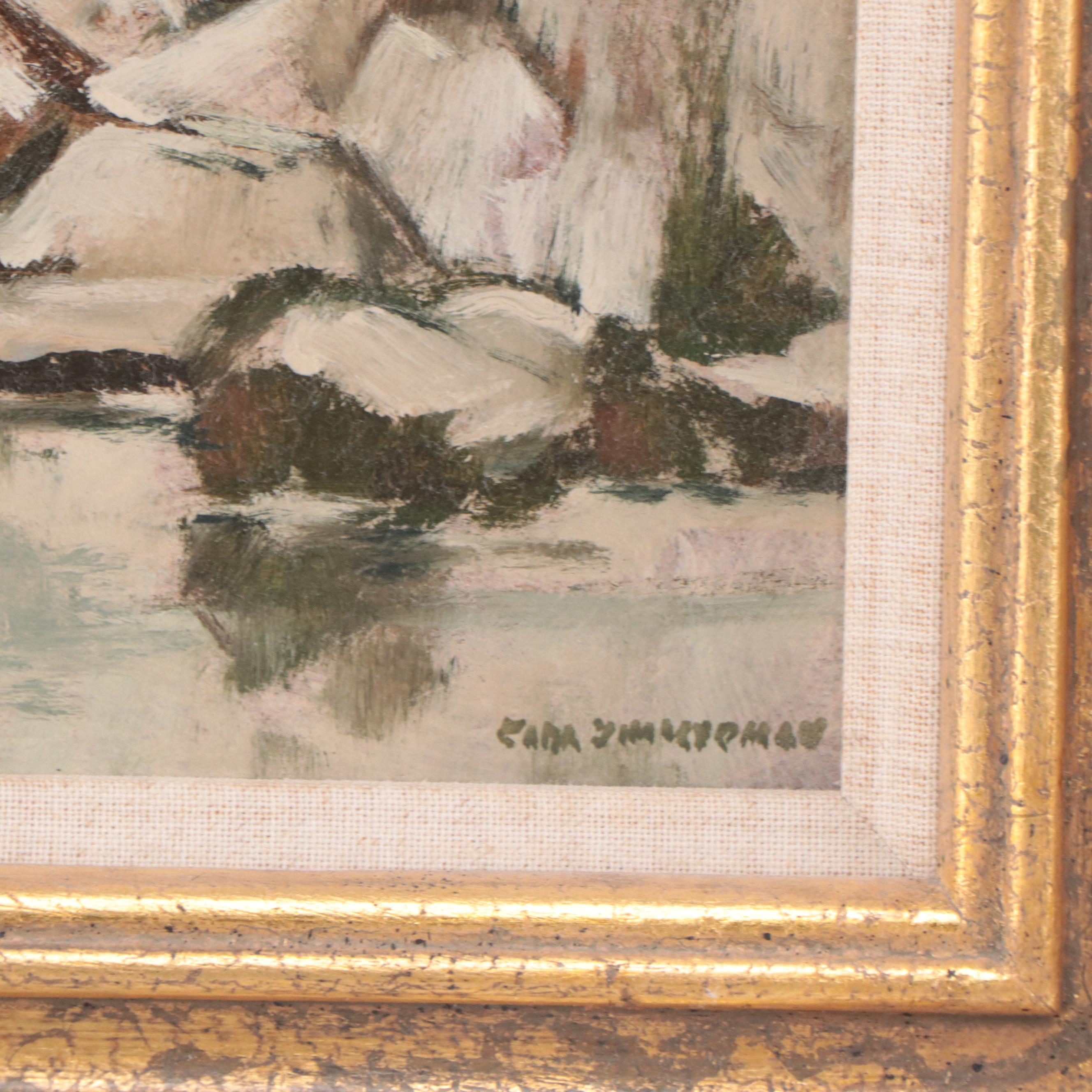 Carl Zimmerman Landscape Oil Painting of Rocky Coastline, Mid-20th Century