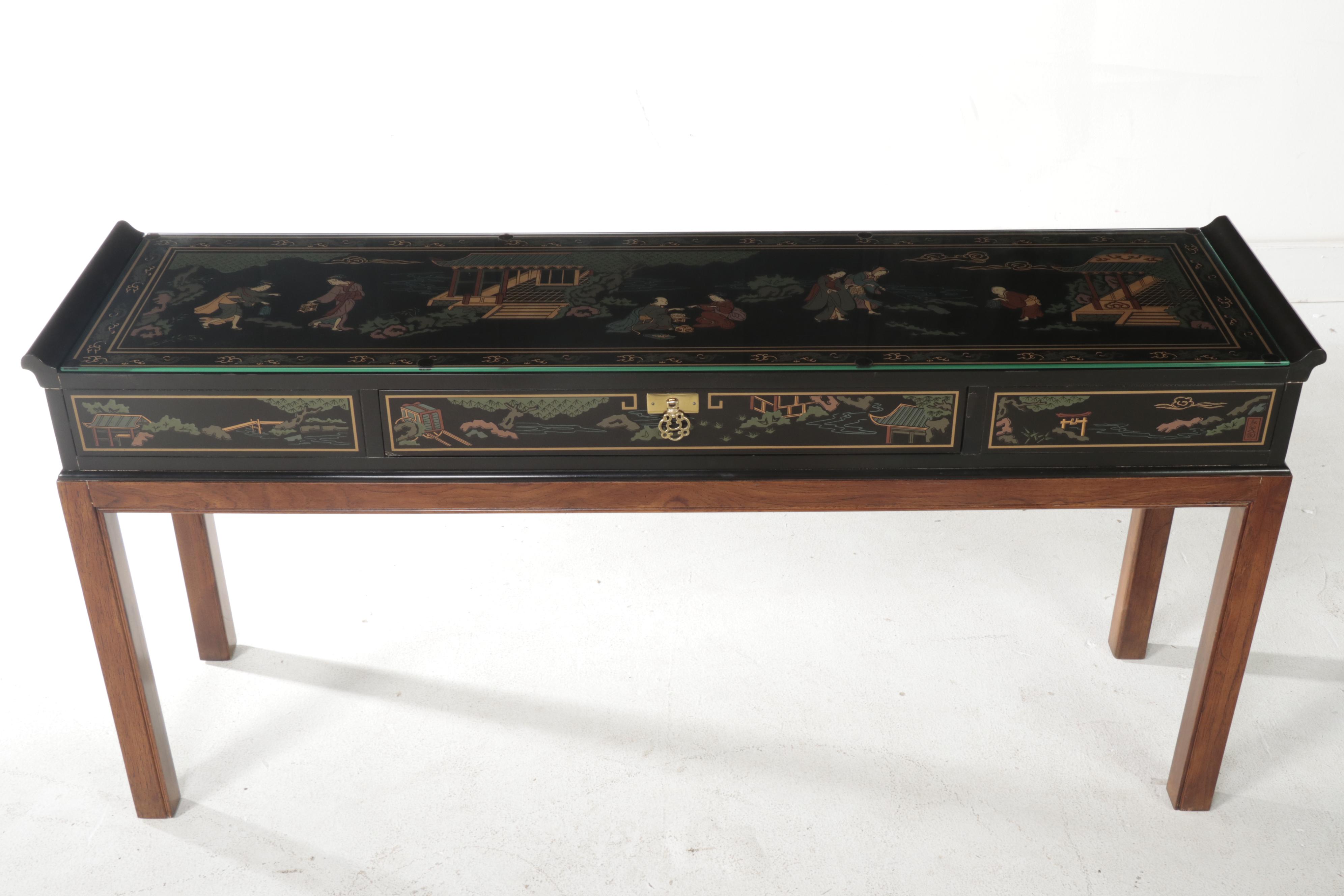 Drexel "Et Cetera" Hardwood, Chinoiserie-Decorated and Glass Top Console Table