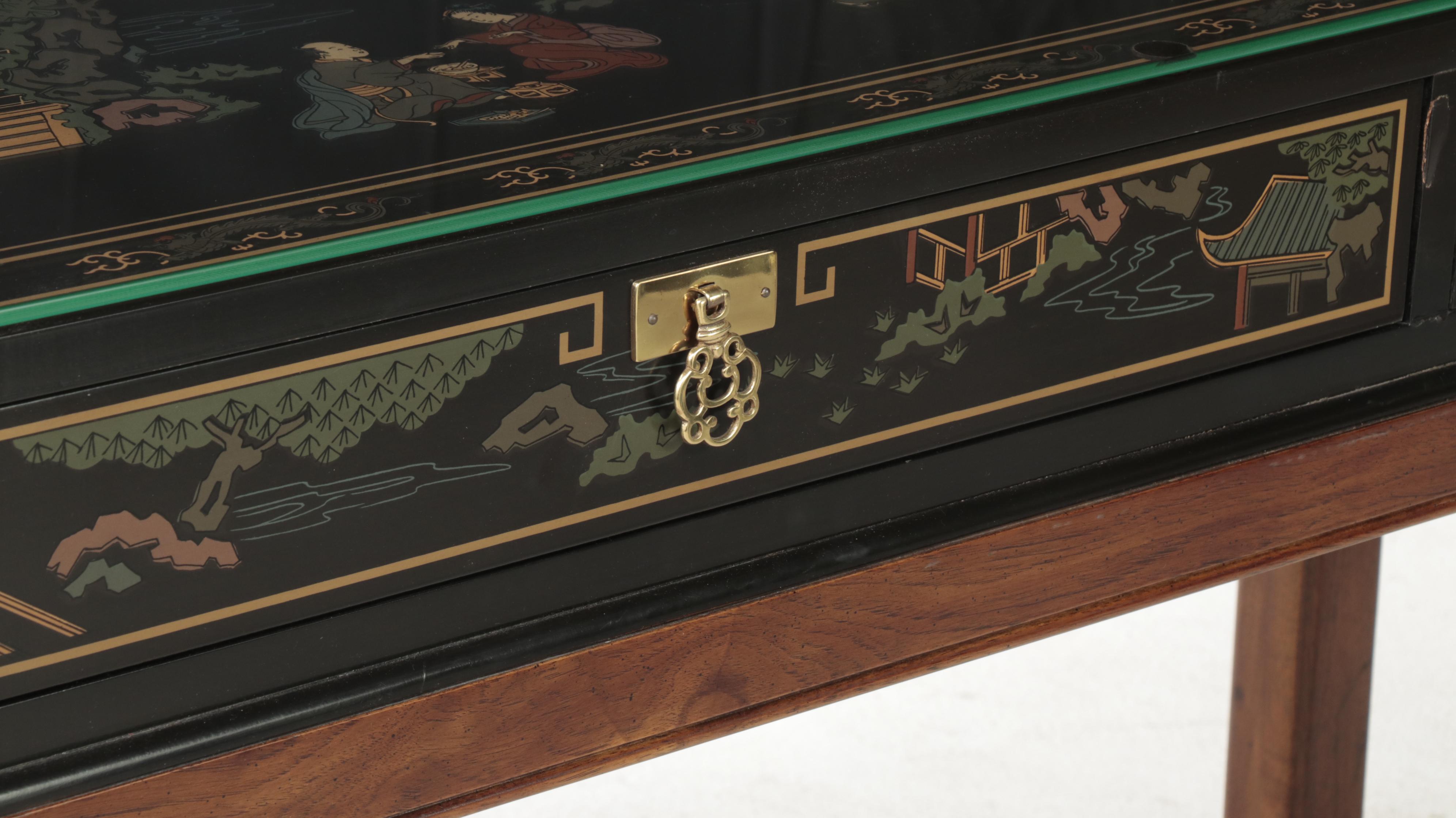 Drexel "Et Cetera" Hardwood, Chinoiserie-Decorated and Glass Top Console Table