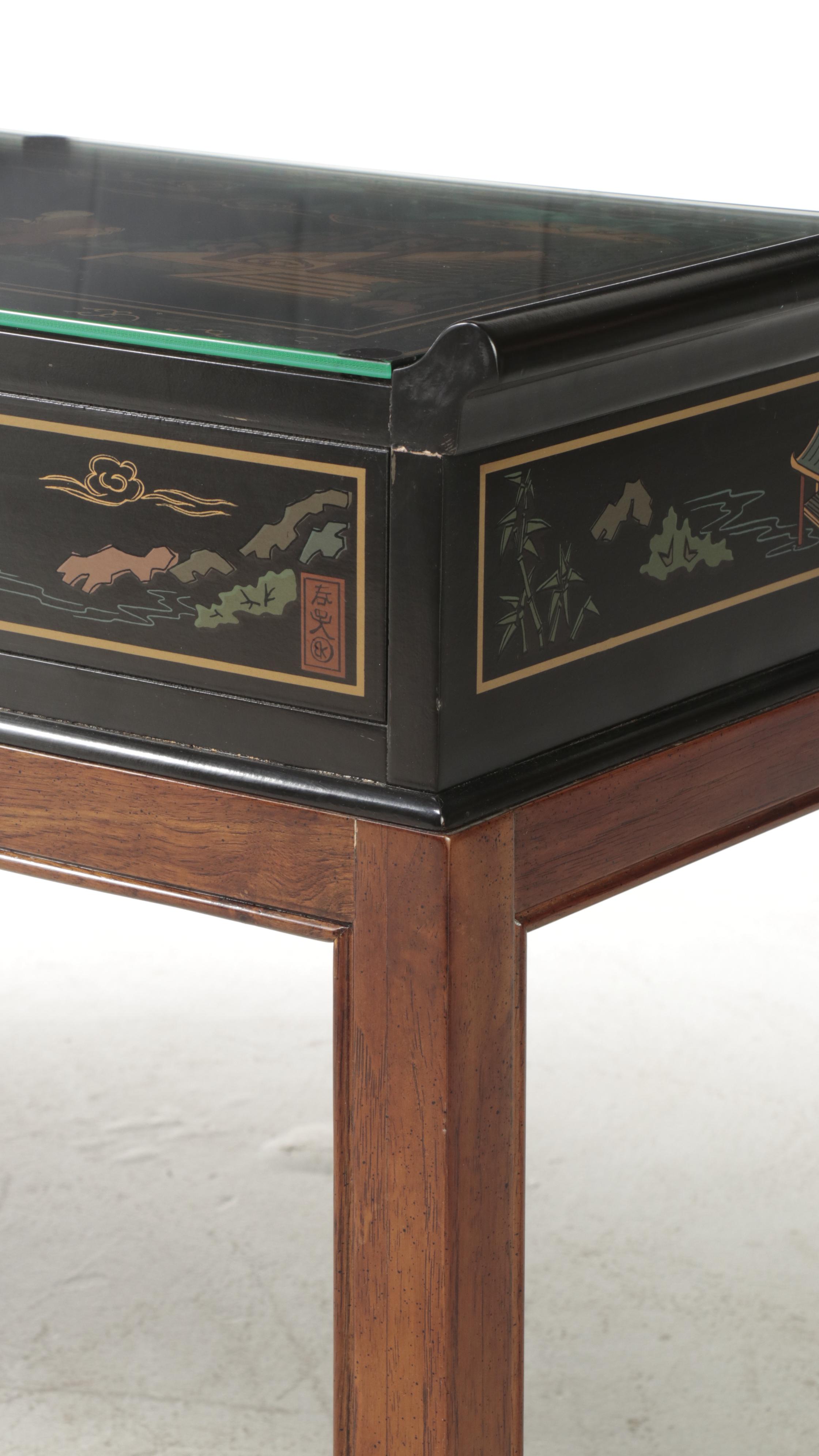 Drexel "Et Cetera" Hardwood, Chinoiserie-Decorated and Glass Top Console Table