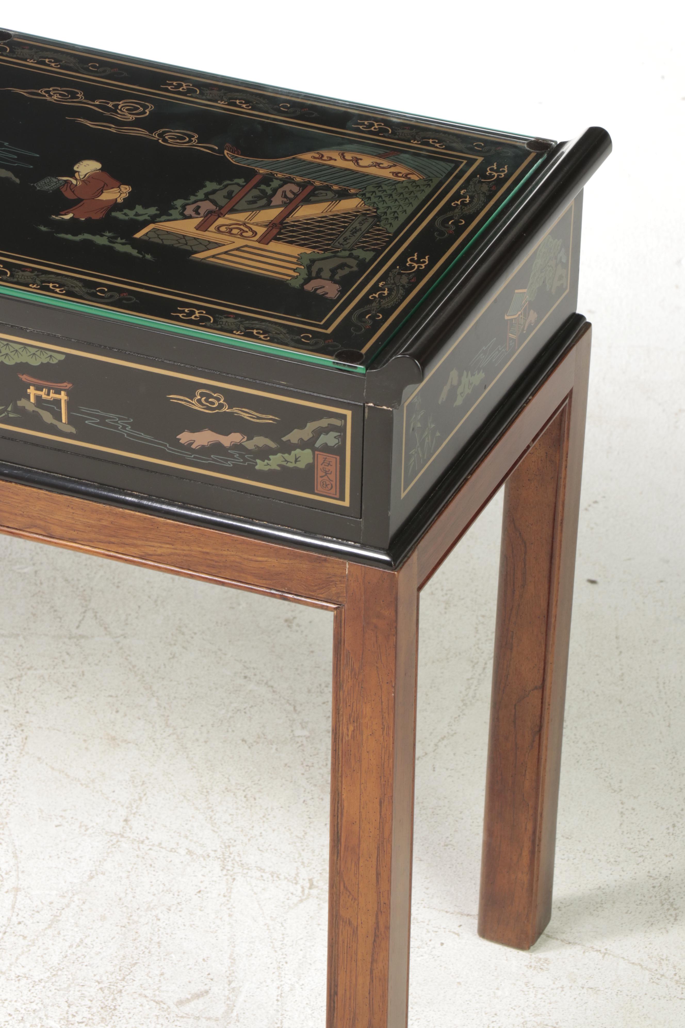 Drexel "Et Cetera" Hardwood, Chinoiserie-Decorated and Glass Top Console Table
