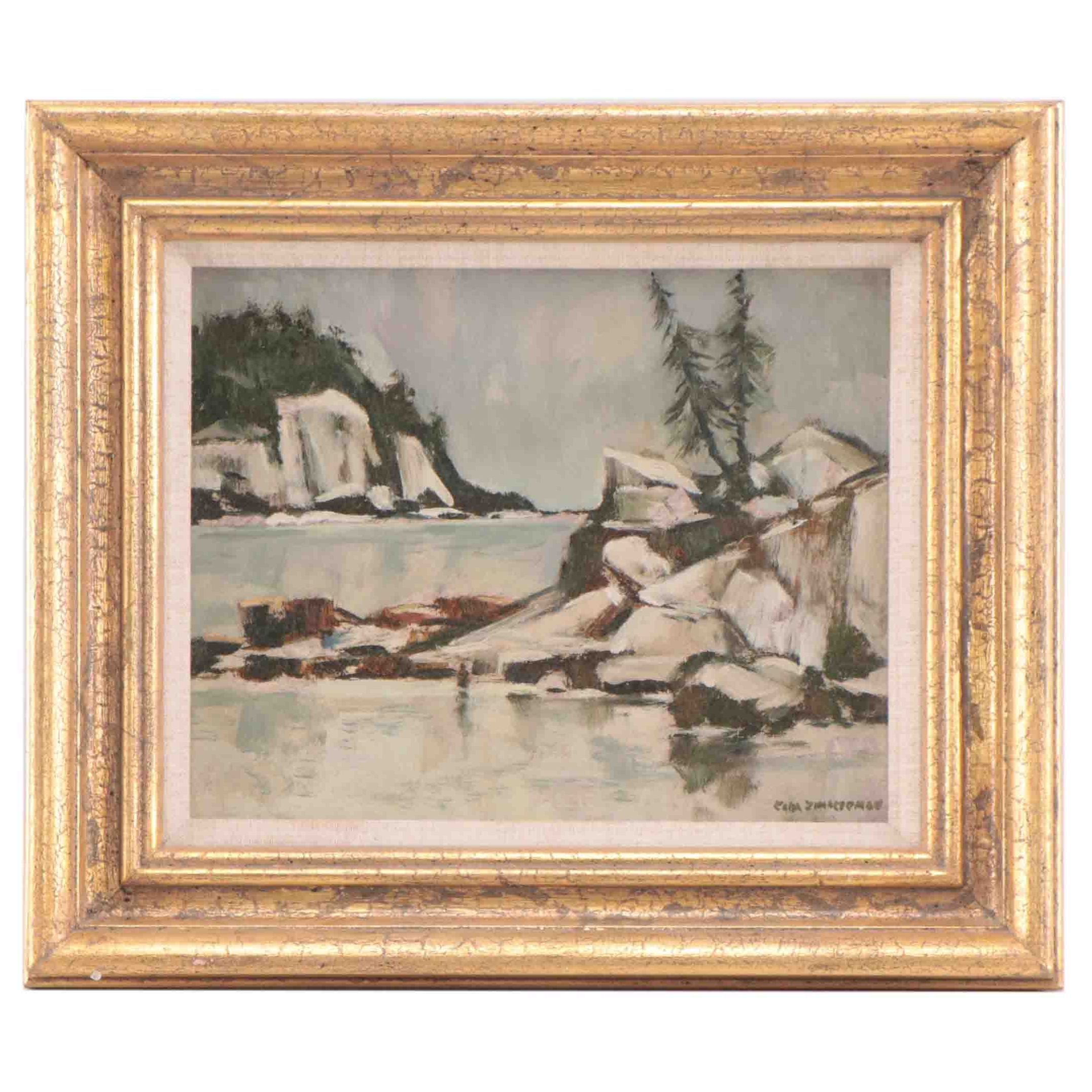 Carl Zimmerman Landscape Oil Painting of Rocky Coastline, Mid-20th Century