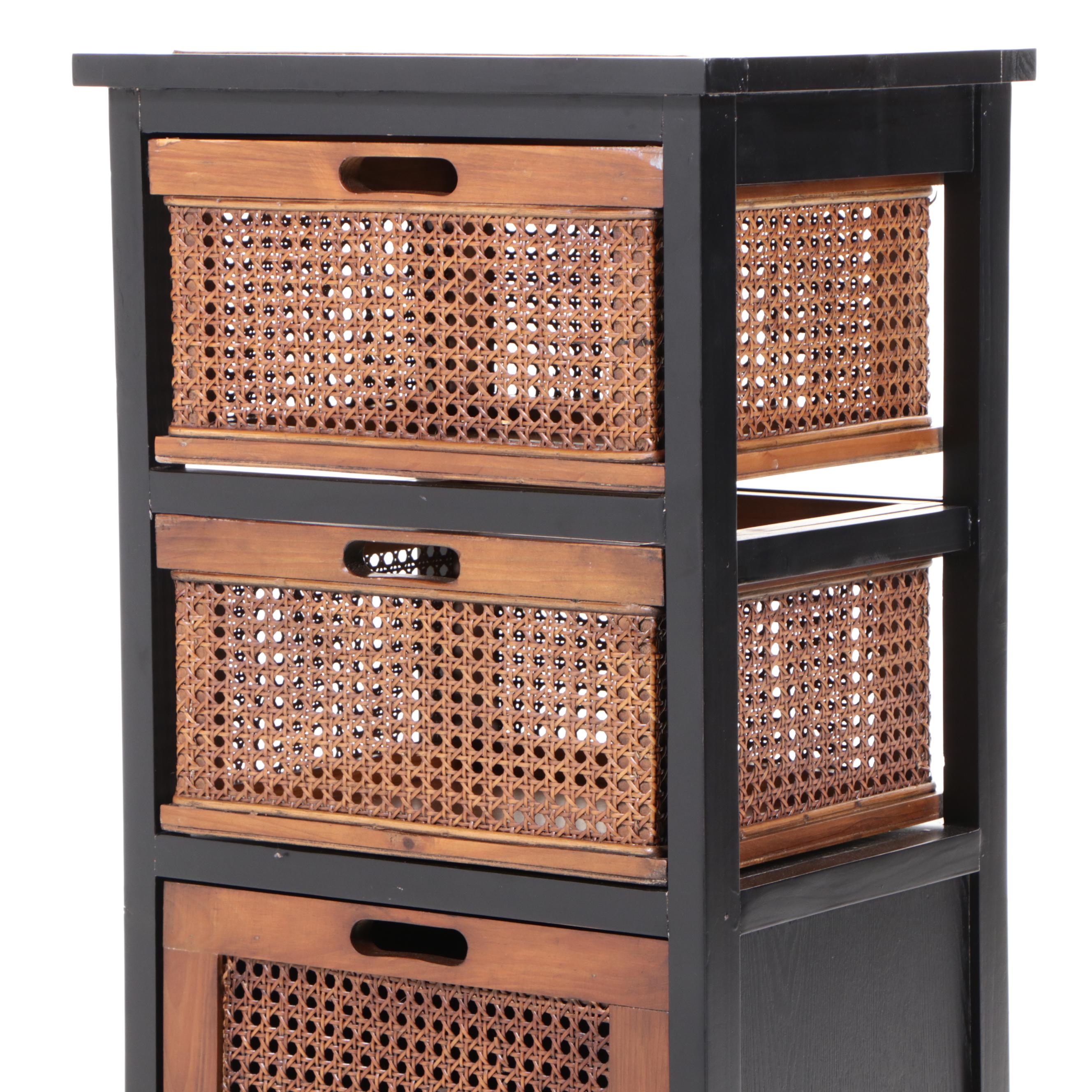 Contemporary Ebonized Wood, Pine and Cane Storage Cabinet