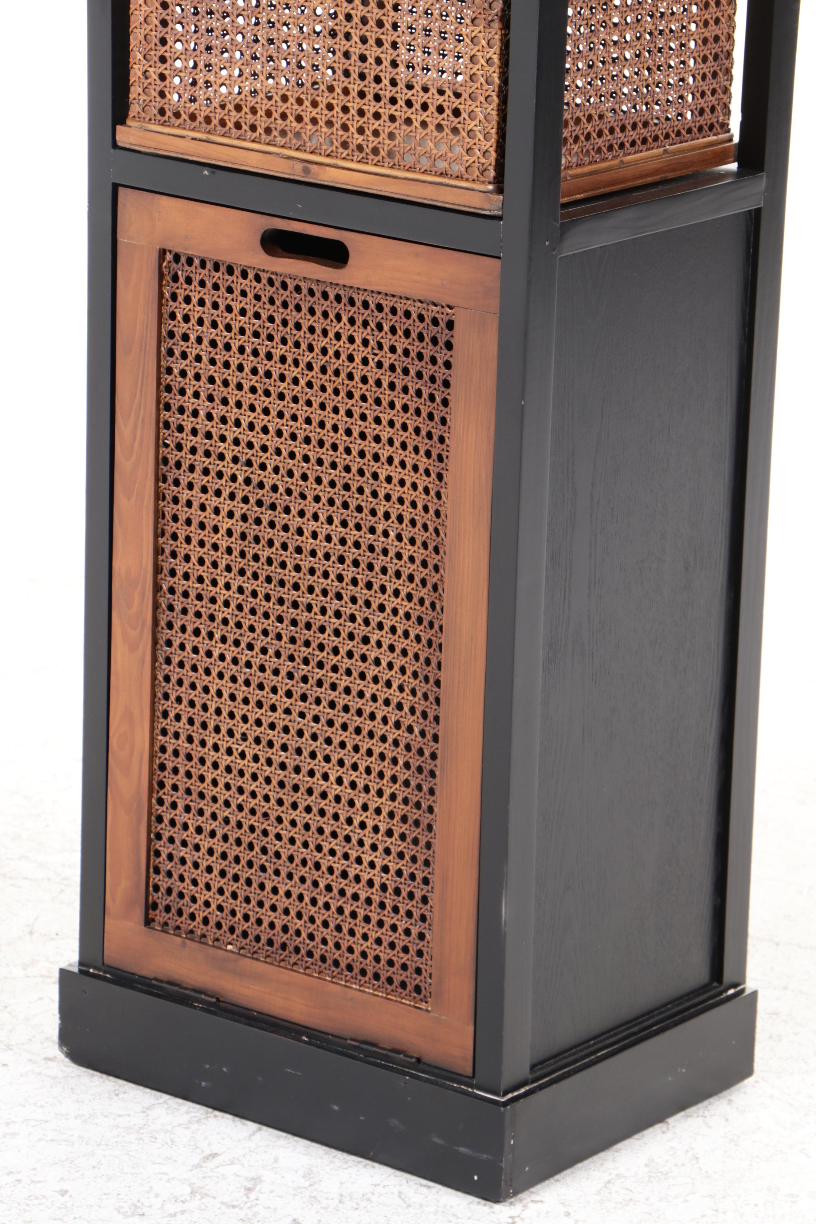 Contemporary Ebonized Wood, Pine and Cane Storage Cabinet