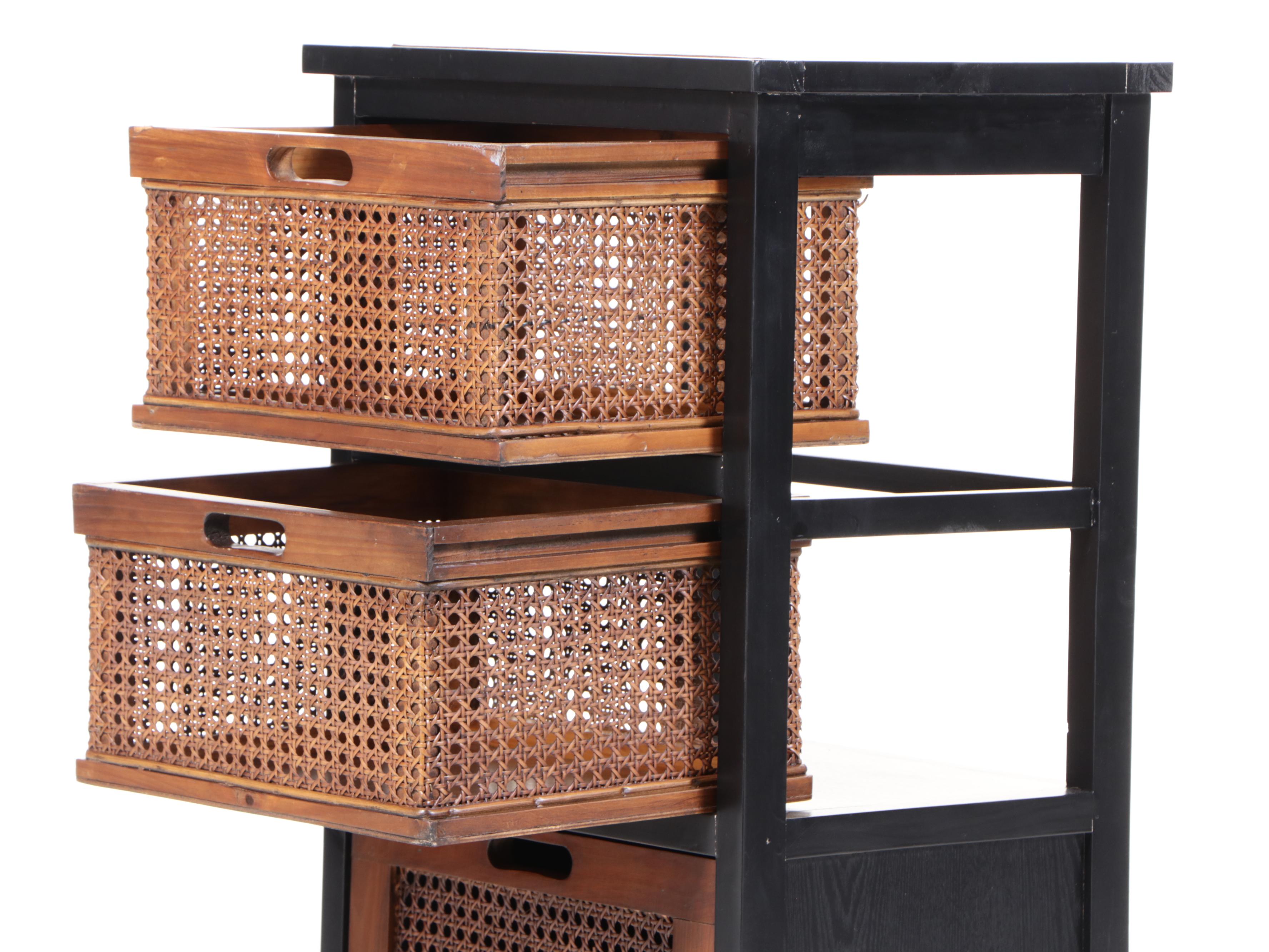 Contemporary Ebonized Wood, Pine and Cane Storage Cabinet